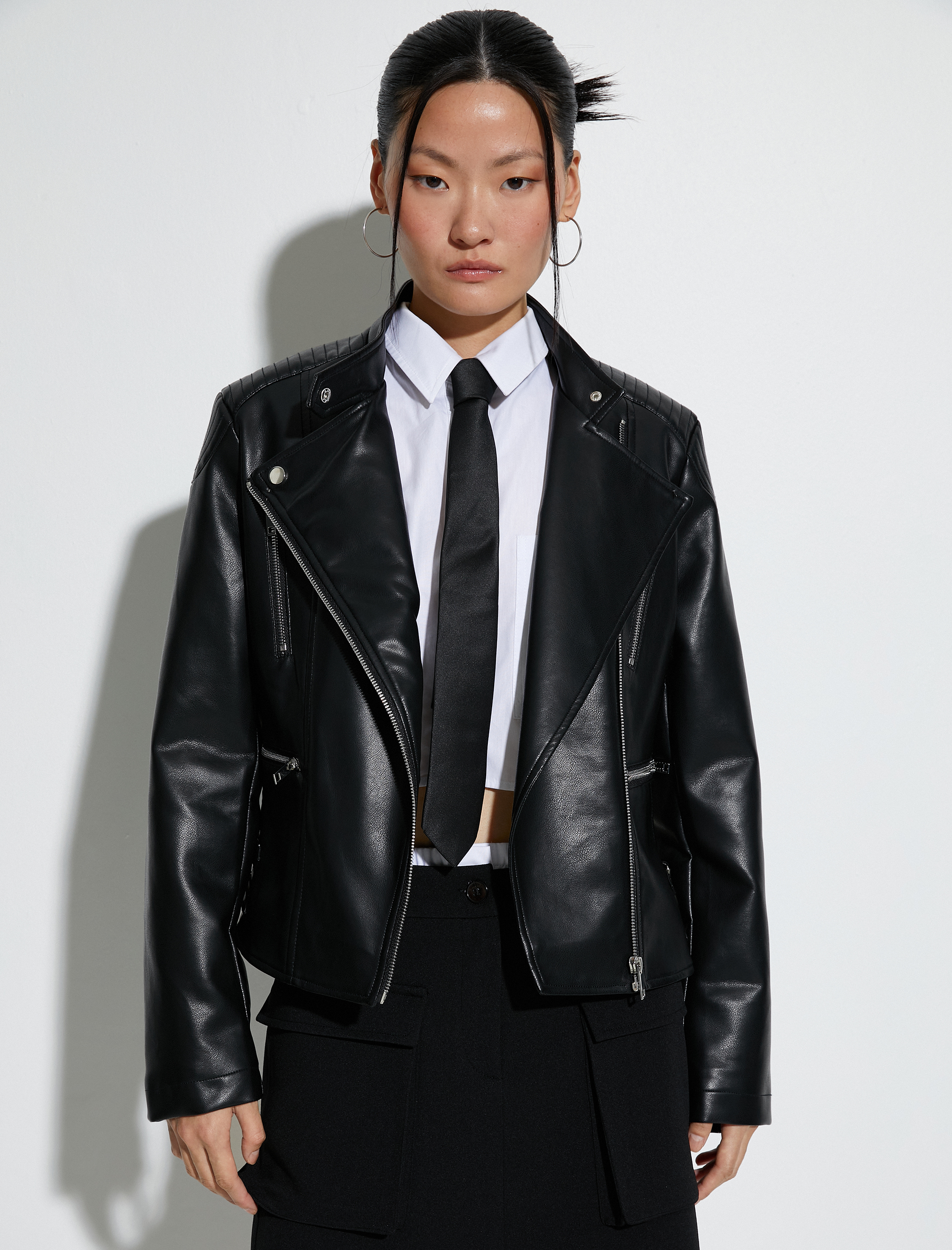   Suni Deri Ceket Anvelop Fermuarlı Cepli