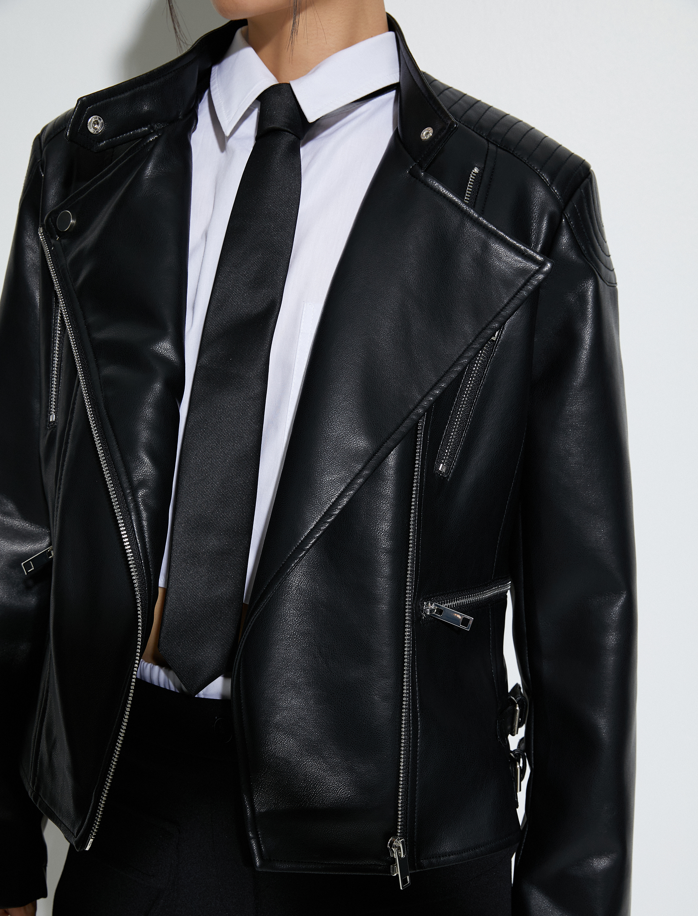   Suni Deri Ceket Anvelop Fermuarlı Cepli