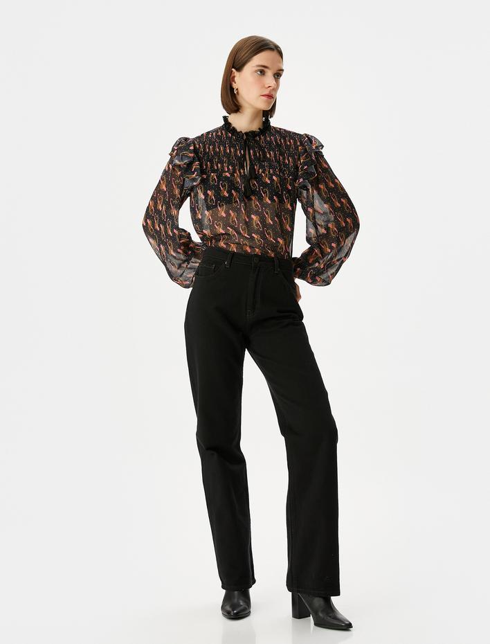  Şifon Bluz Balon Kollu Fırfırlı Gipeli Püsküllü