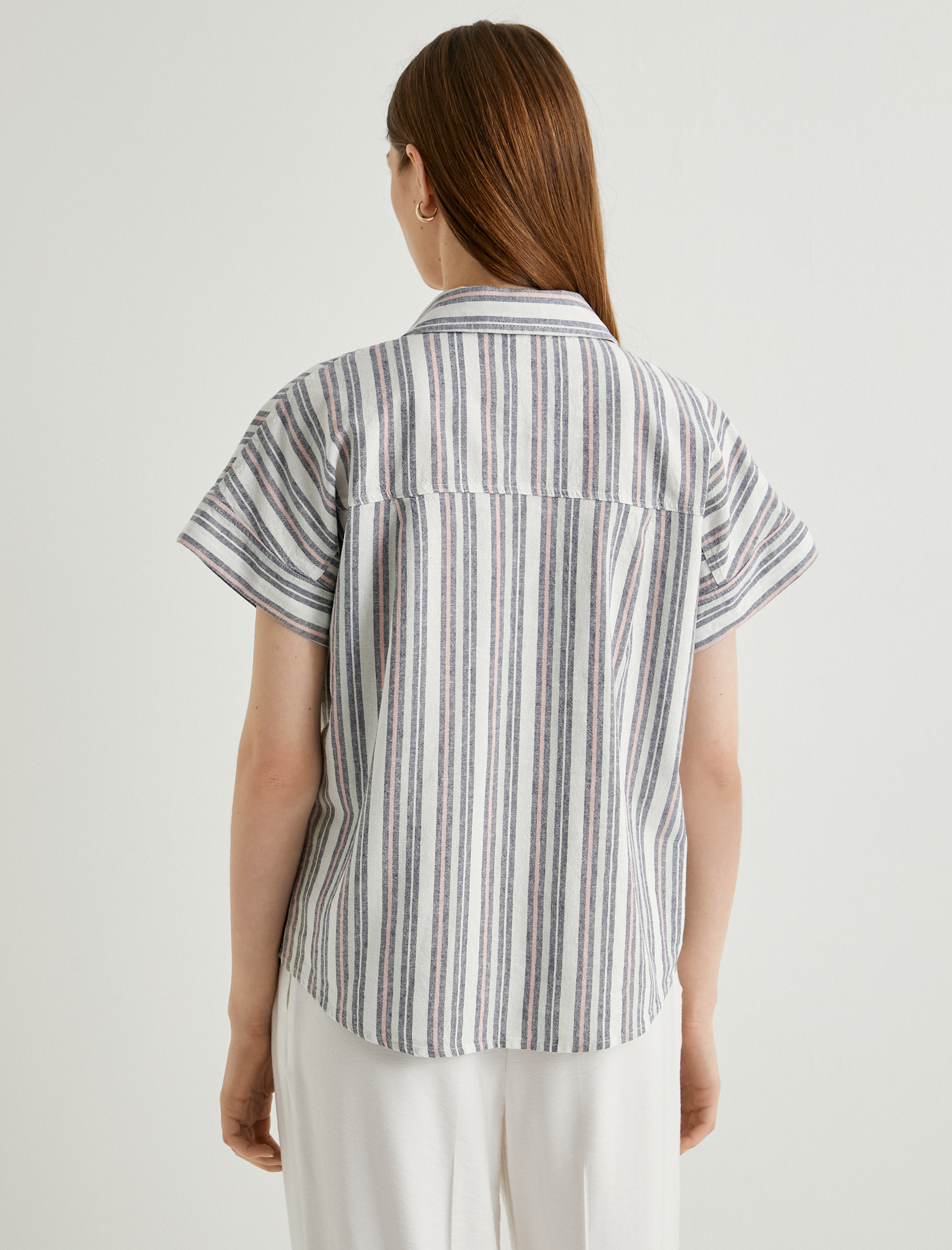   Keten Karışımlı Gömlek Kısa Kollu Düğmeli Cepli