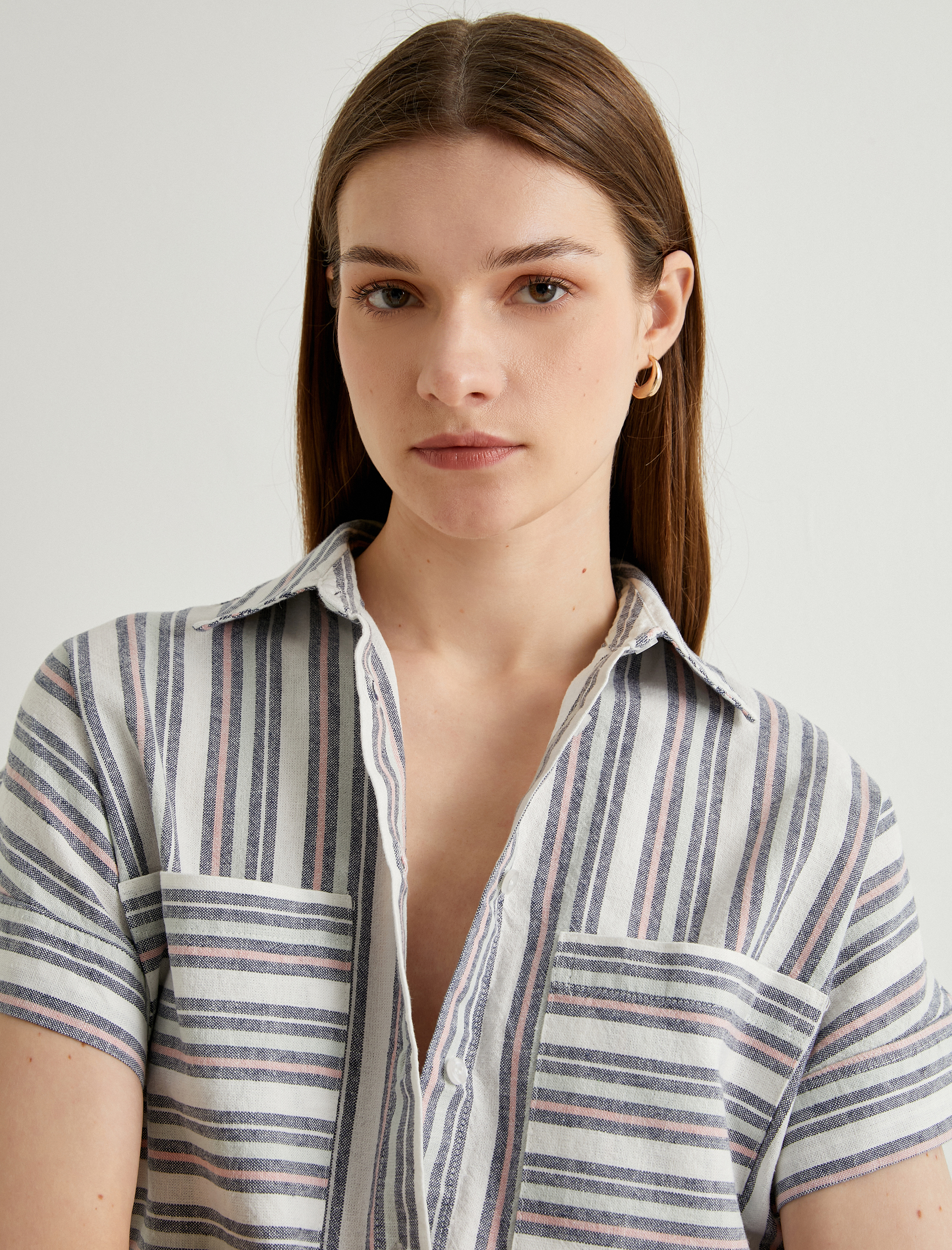   Keten Karışımlı Gömlek Kısa Kollu Düğmeli Cepli