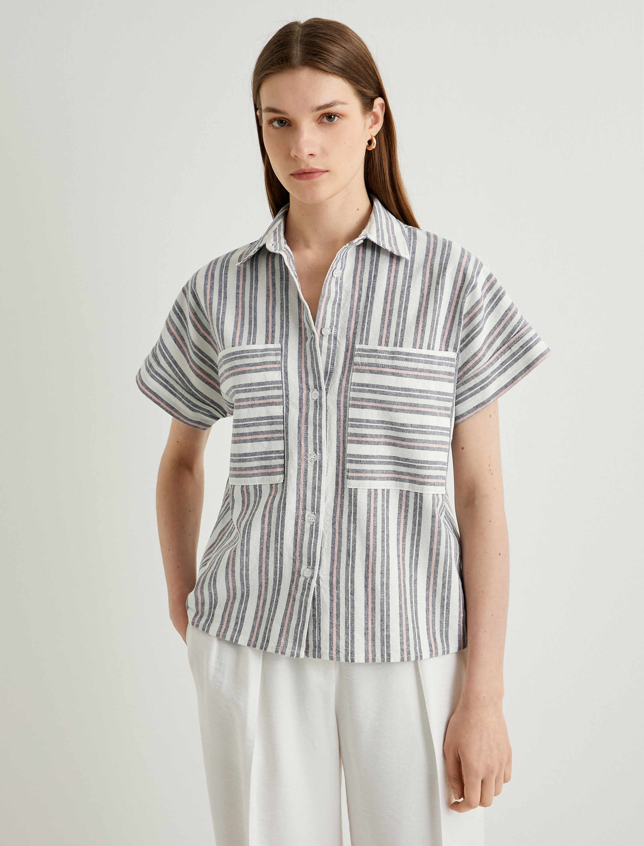   Keten Karışımlı Gömlek Kısa Kollu Düğmeli Cepli