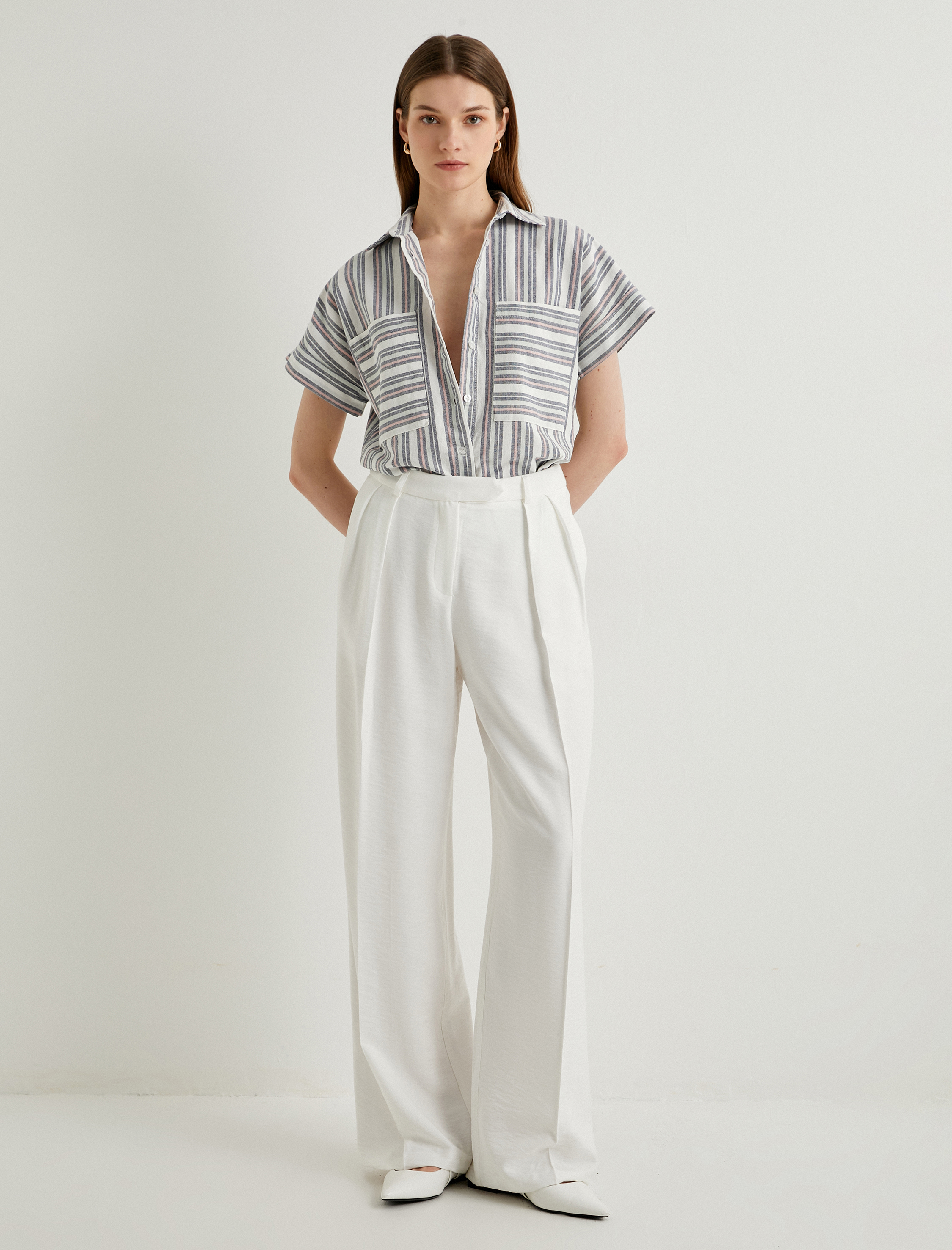   Keten Karışımlı Gömlek Kısa Kollu Düğmeli Cepli