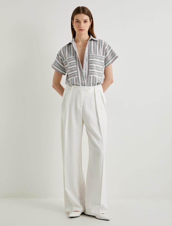  Keten Karışımlı Gömlek Kısa Kollu Düğmeli Cepli