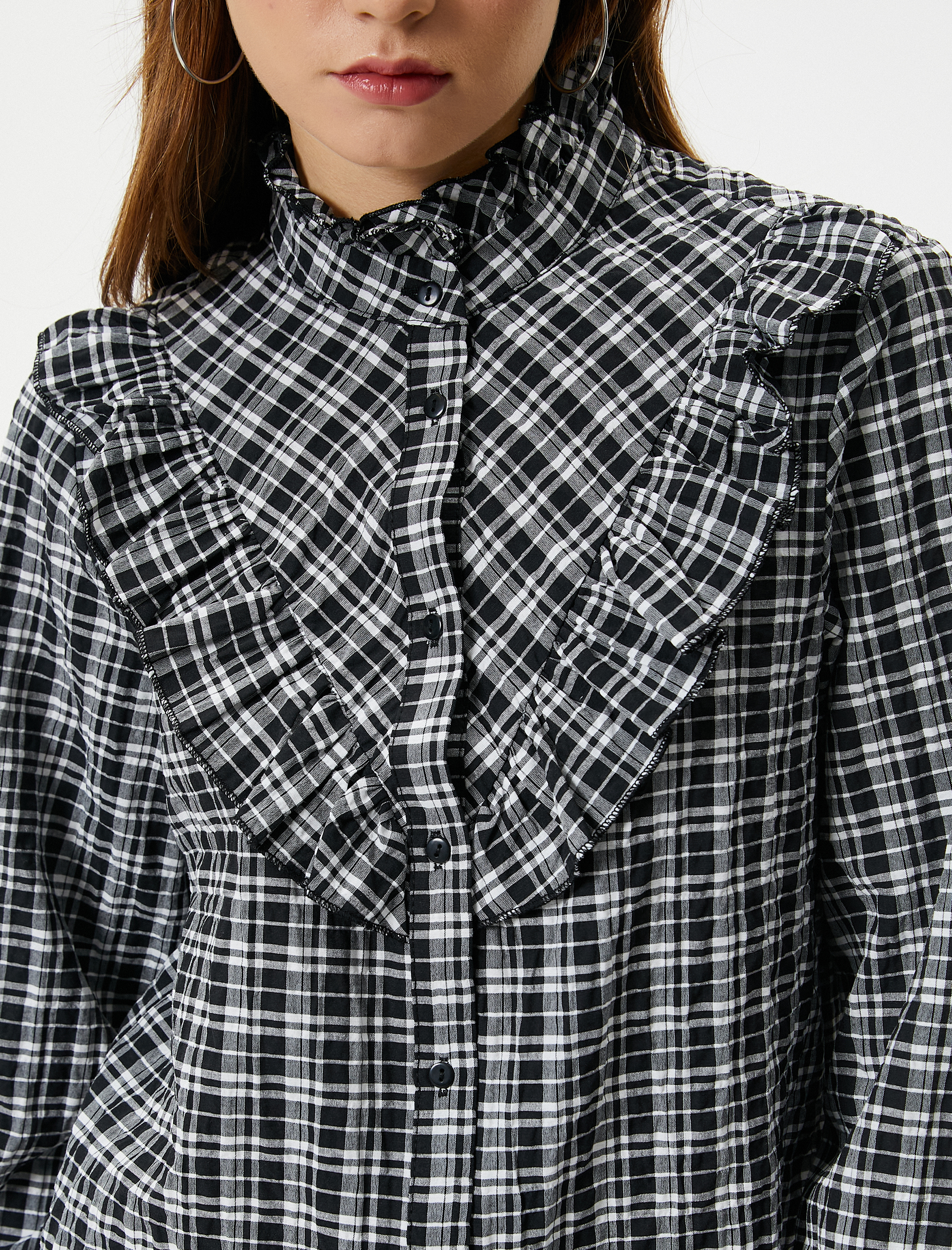   Fırfırlı Gömlek Uzun Kollu Dik Yaka Pamuk Karışımlı