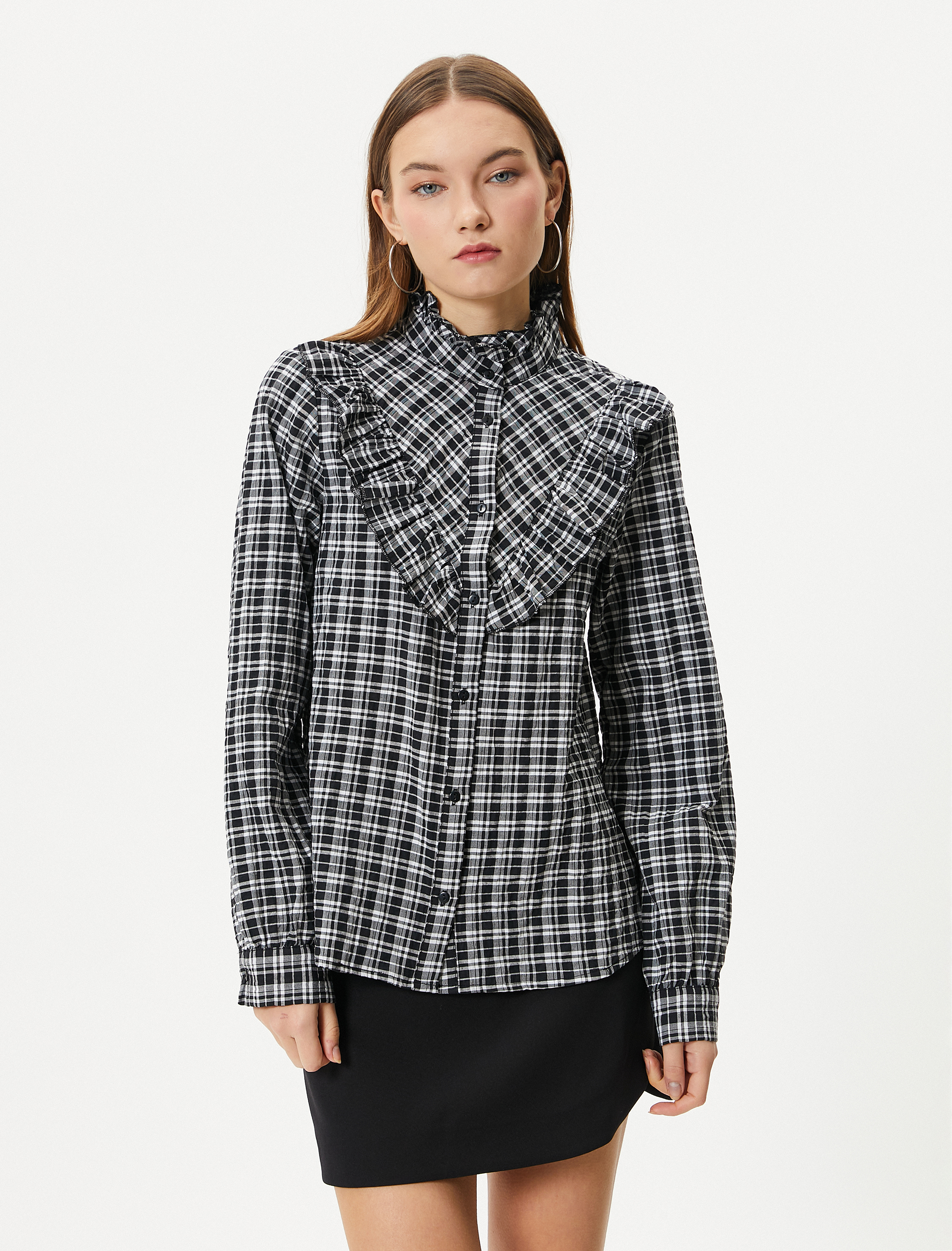   Fırfırlı Gömlek Uzun Kollu Dik Yaka Pamuk Karışımlı