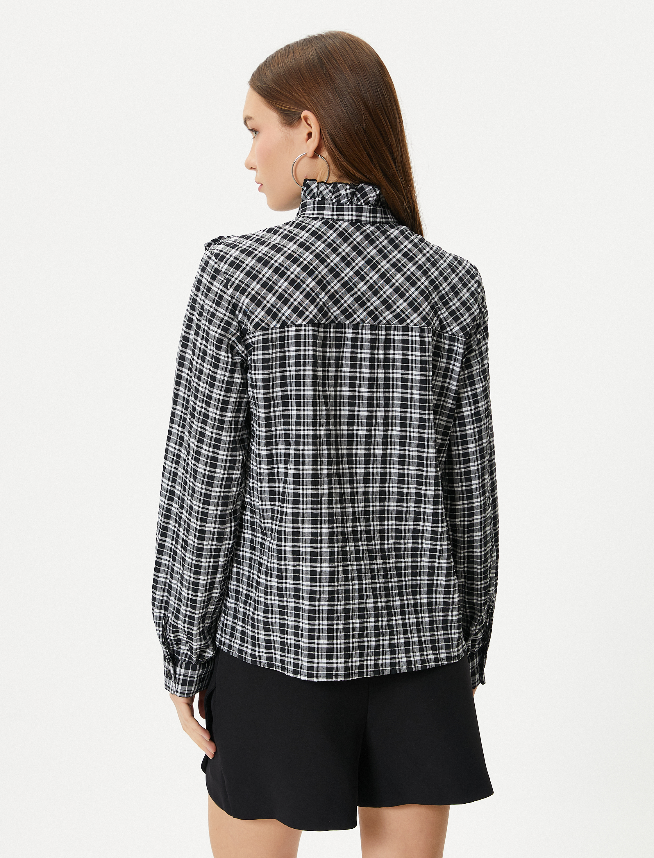   Fırfırlı Gömlek Uzun Kollu Dik Yaka Pamuk Karışımlı