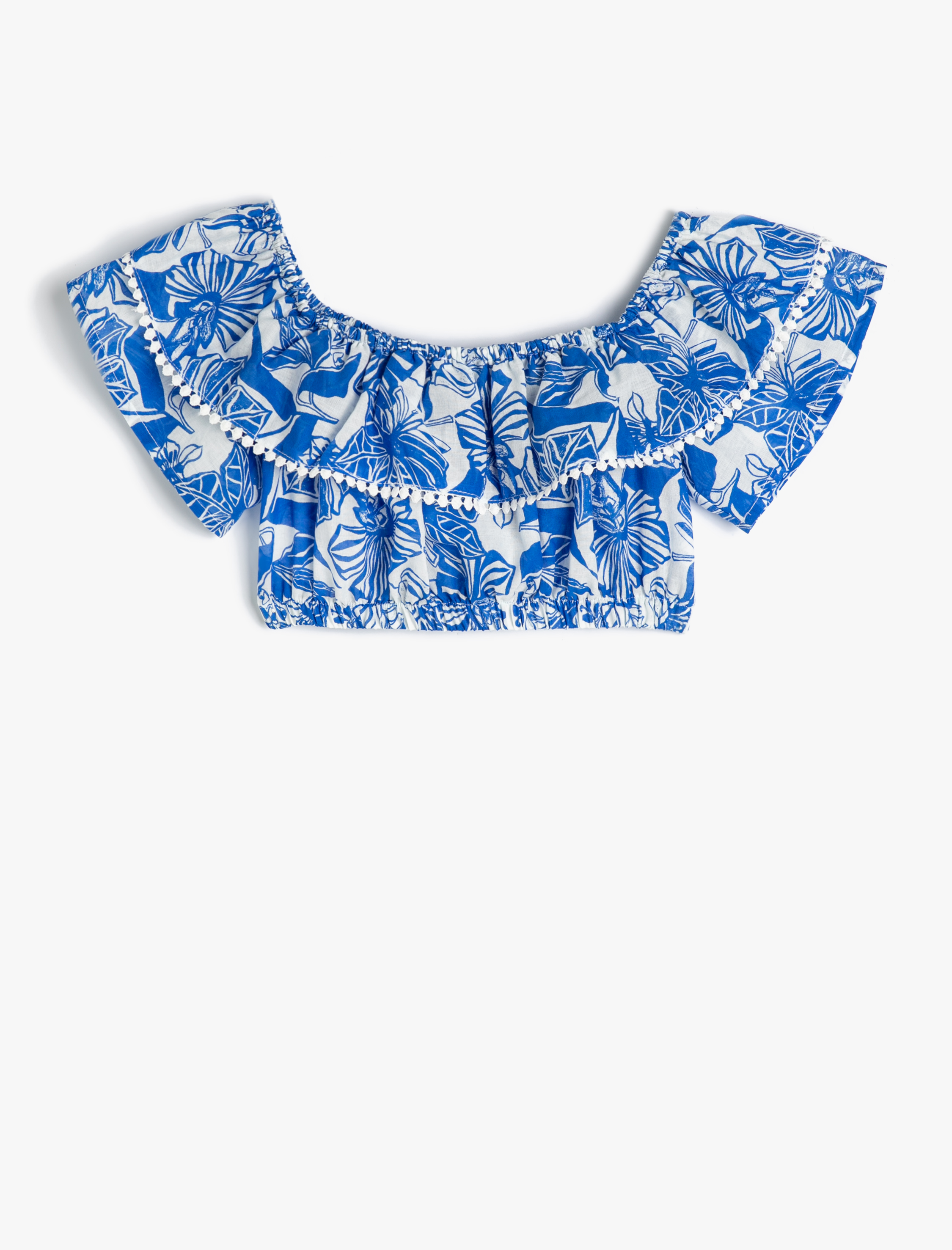  Kız Çocuk Crop Bluz Kolsuz Açık Omuz Fırfırlı Çiçek Desenli Pamuklu