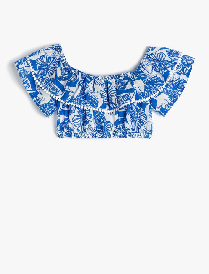 Kız Çocuk Crop Bluz Kolsuz Açık Omuz Fırfırlı Çiçek Desenli Pamuklu