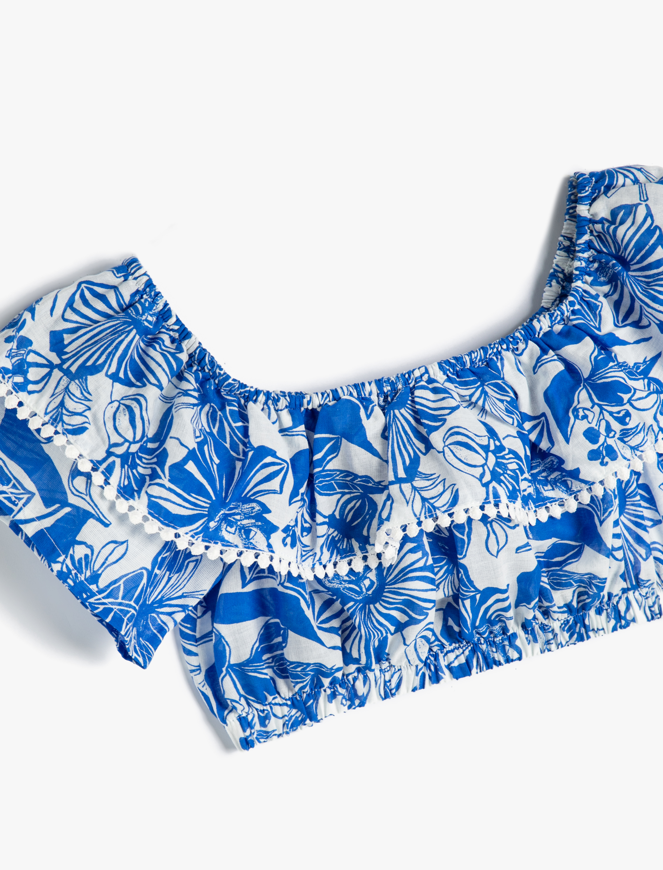  Kız Çocuk Crop Bluz Kolsuz Açık Omuz Fırfırlı Çiçek Desenli Pamuklu