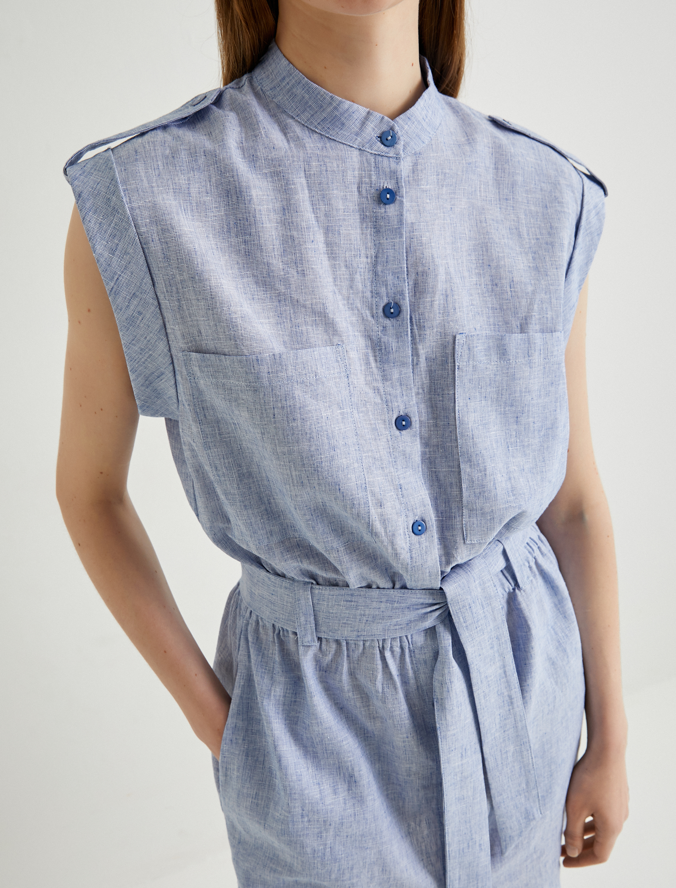   Mini Gömlek Elbise Kuşaklı Düğmeli Keten Karışımlı