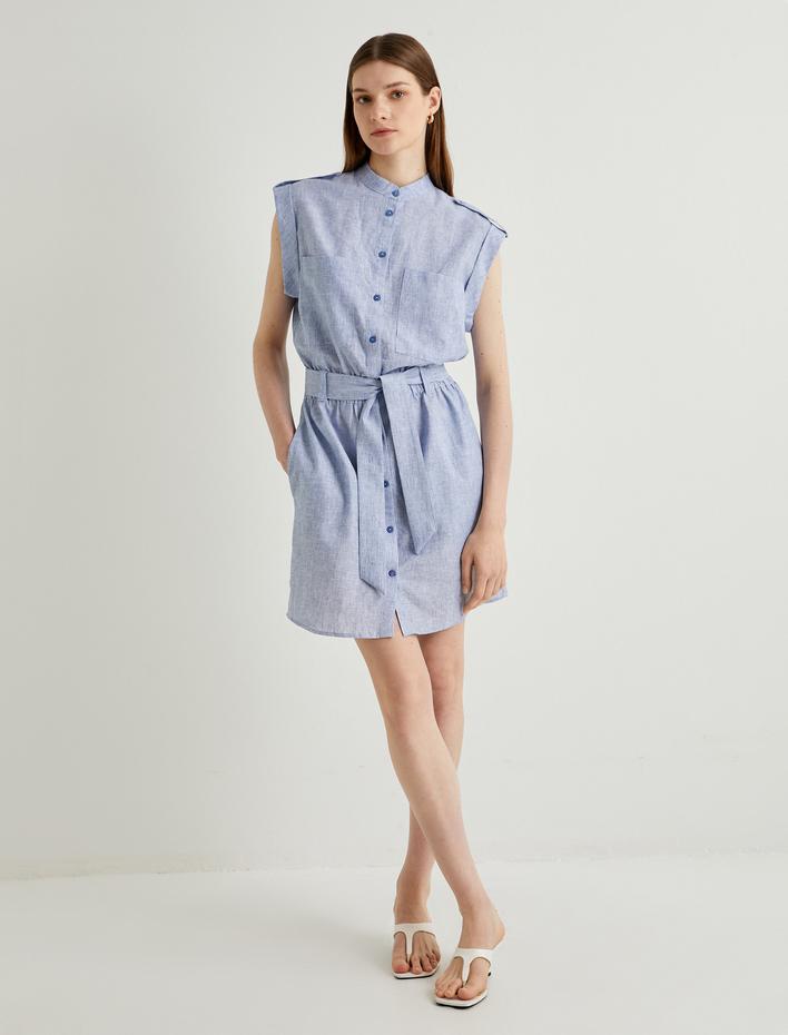  Mini Gömlek Elbise Kuşaklı Düğmeli Keten Karışımlı