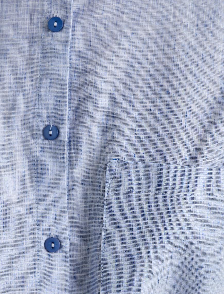  Midi Gömlek Elbise Kuşaklı Düğmeli Keten Karışımlı