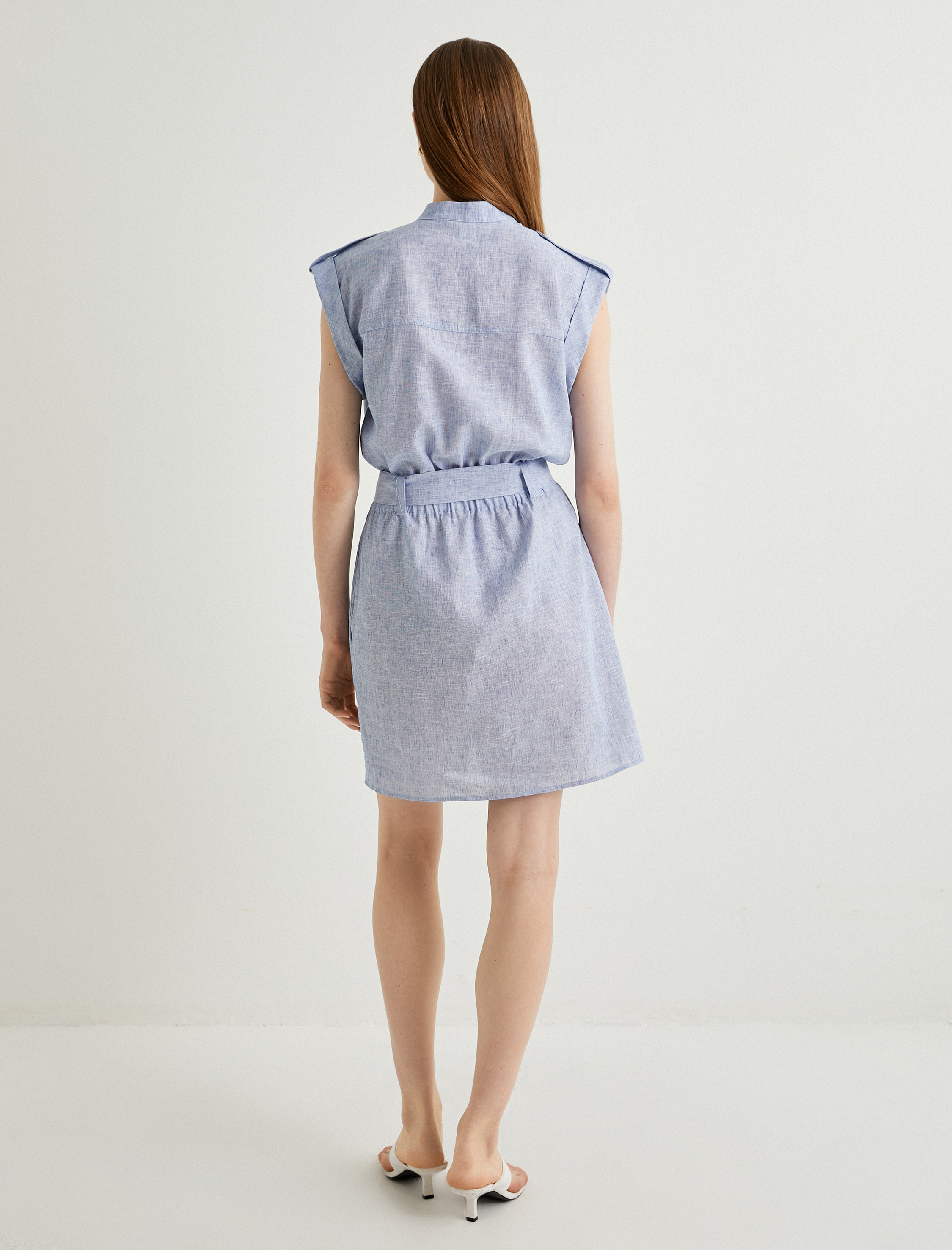   Mini Gömlek Elbise Kuşaklı Düğmeli Keten Karışımlı