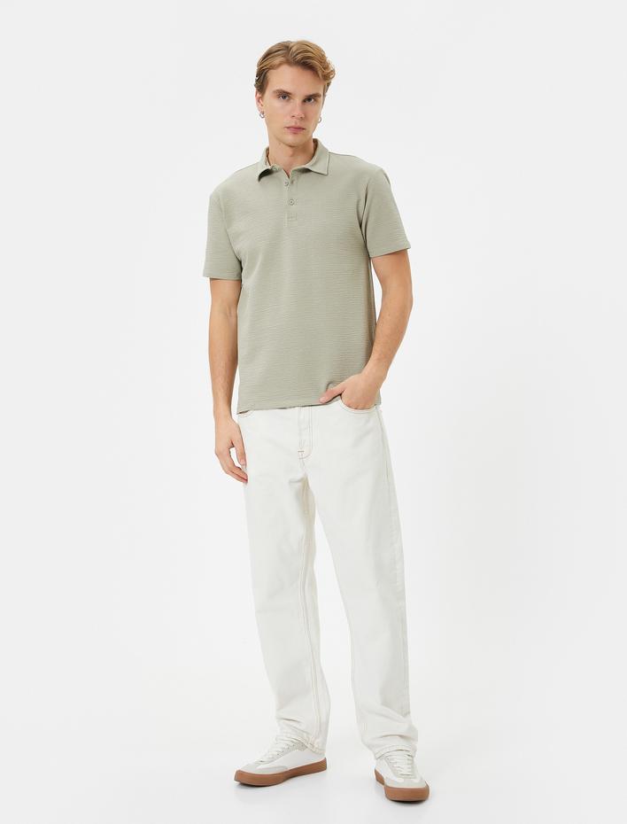  Polo Yaka Tişört Jakarlı Dokulu Düğmeli Kısa Kollu