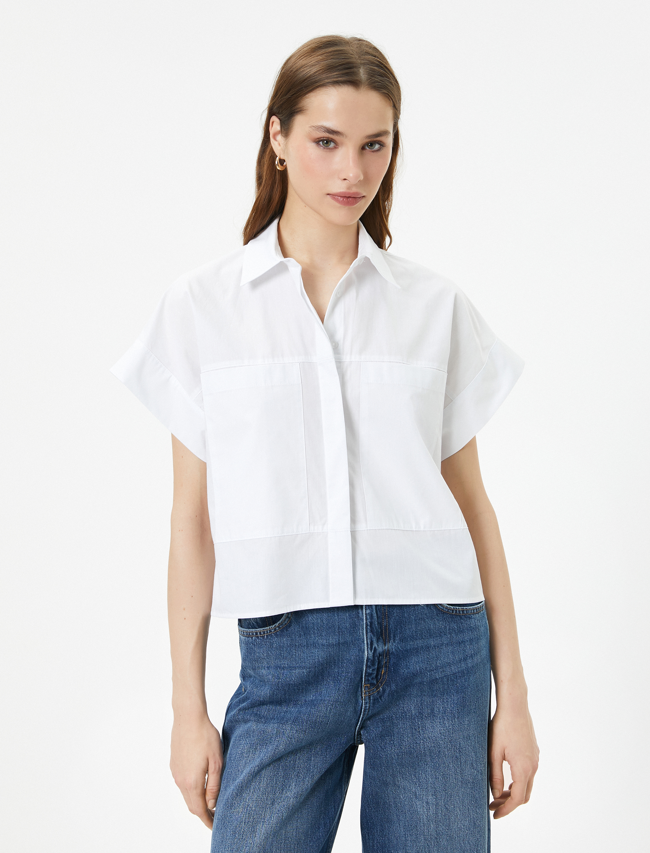   Kısa Kollu Poplin Gömlek Manşet Yaka Cepli Düğmeli Pamuklu