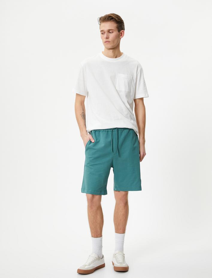  Bermuda Şort Beli Bağcıklı Etiket Baskılı Cepli