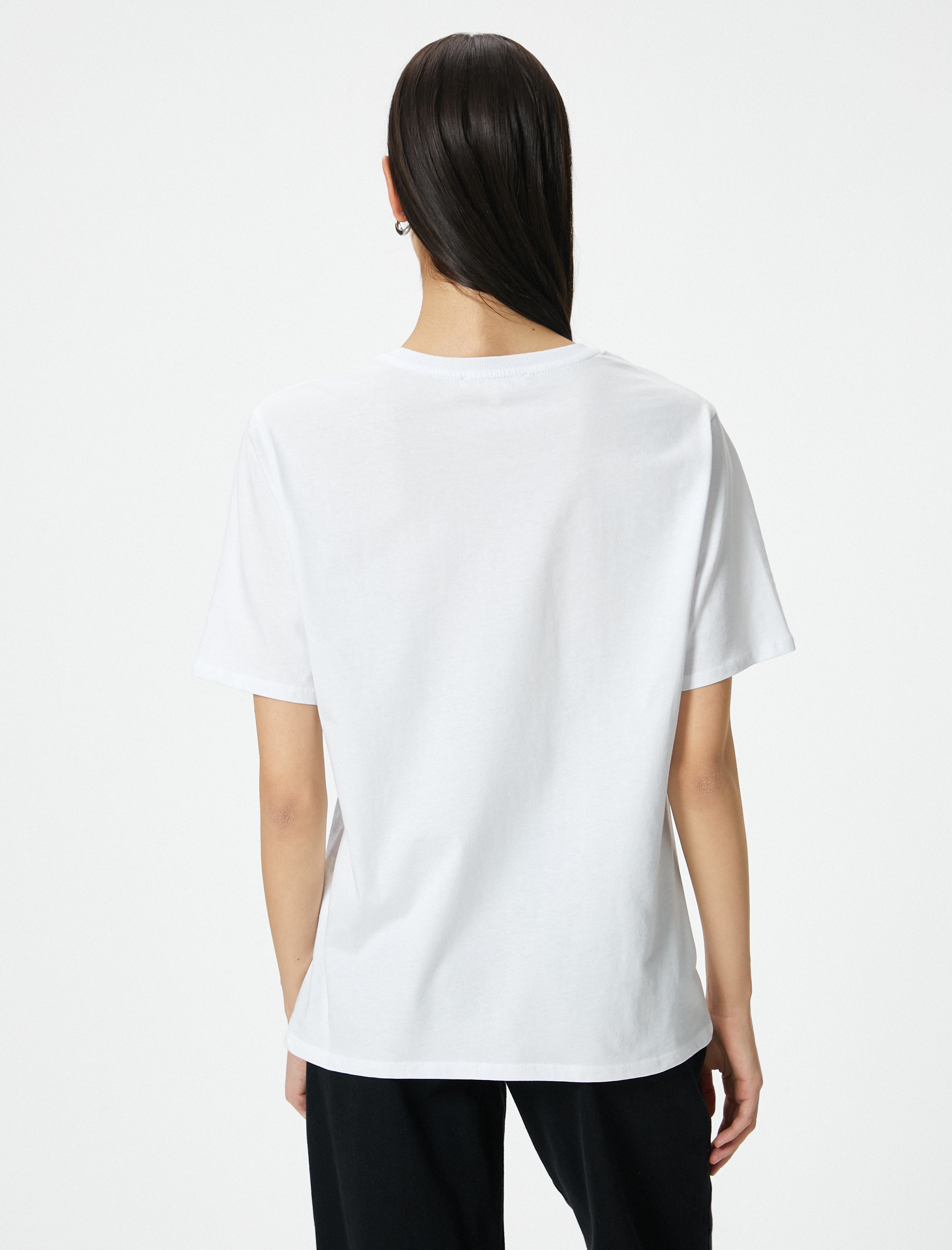   Metalik Baskılı Tişört Kısa Kollu Bisiklet Yaka Pamuklu