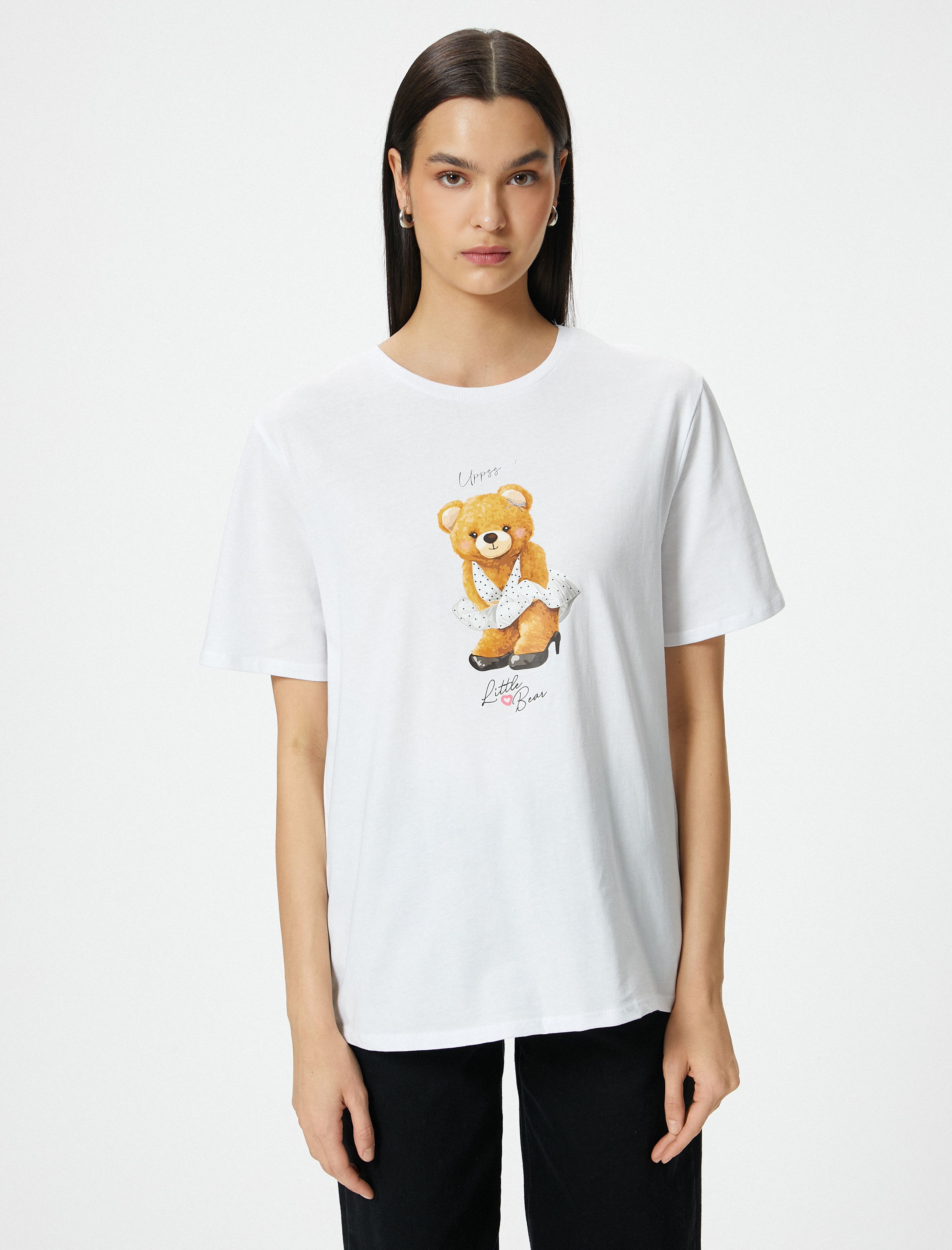   Metalik Baskılı Tişört Kısa Kollu Bisiklet Yaka Pamuklu