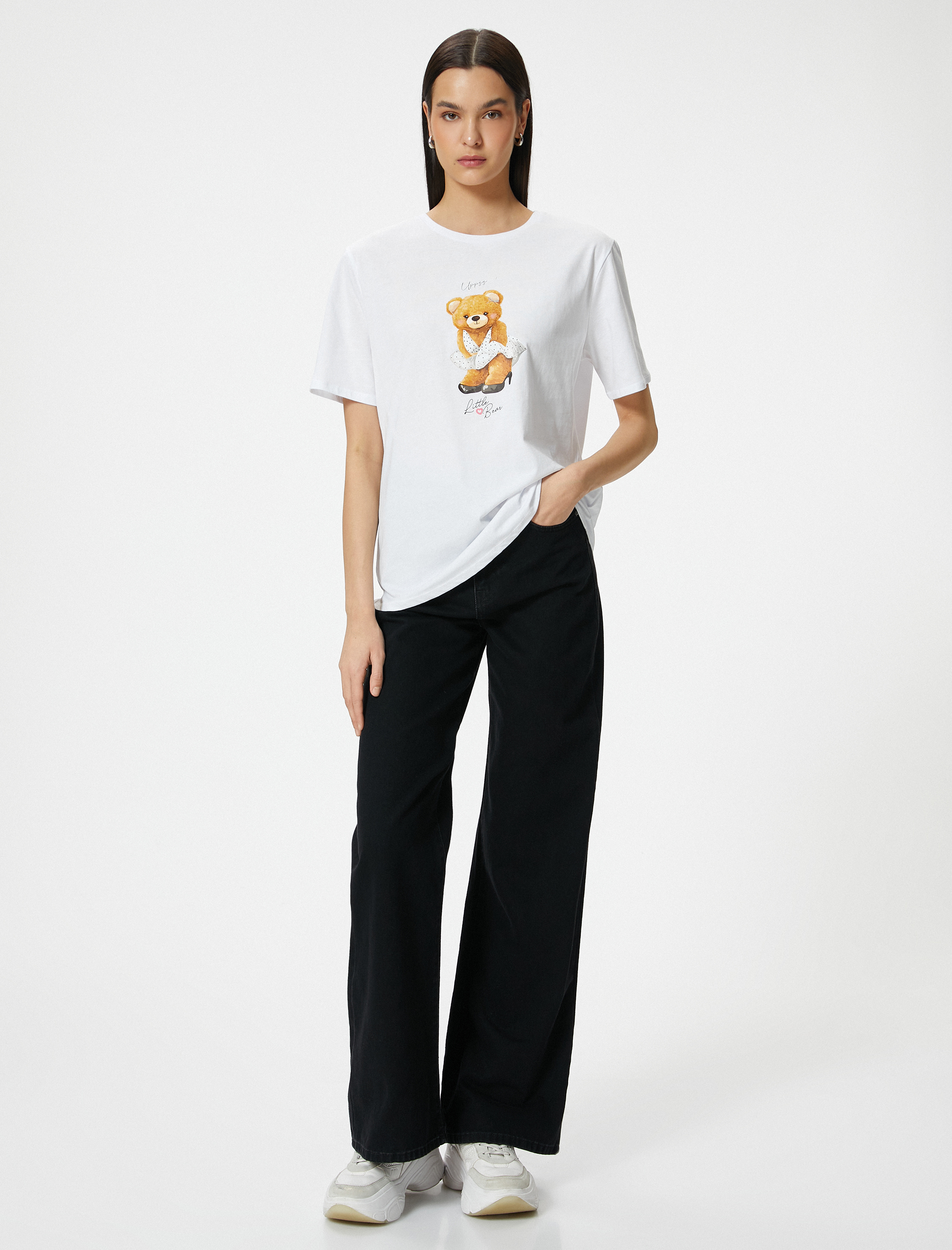   Metalik Baskılı Tişört Kısa Kollu Bisiklet Yaka Pamuklu