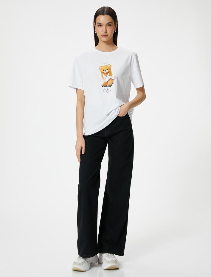  Metalik Baskılı Tişört Kısa Kollu Bisiklet Yaka Pamuklu