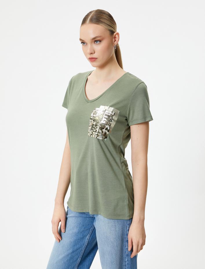 V Yaka Tişört Payetli Kısa Kollu