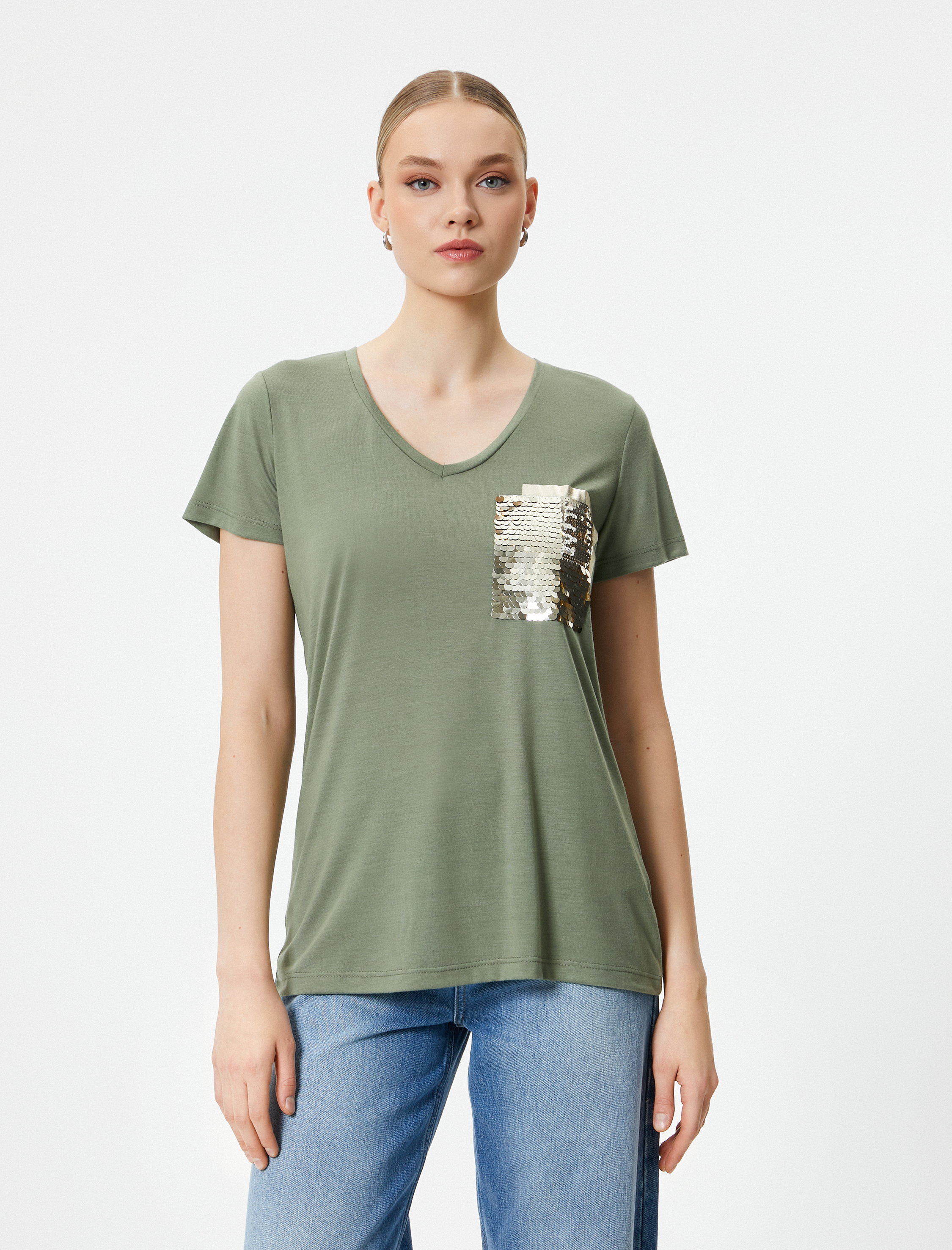   V Yaka Tişört Payetli Kısa Kollu
