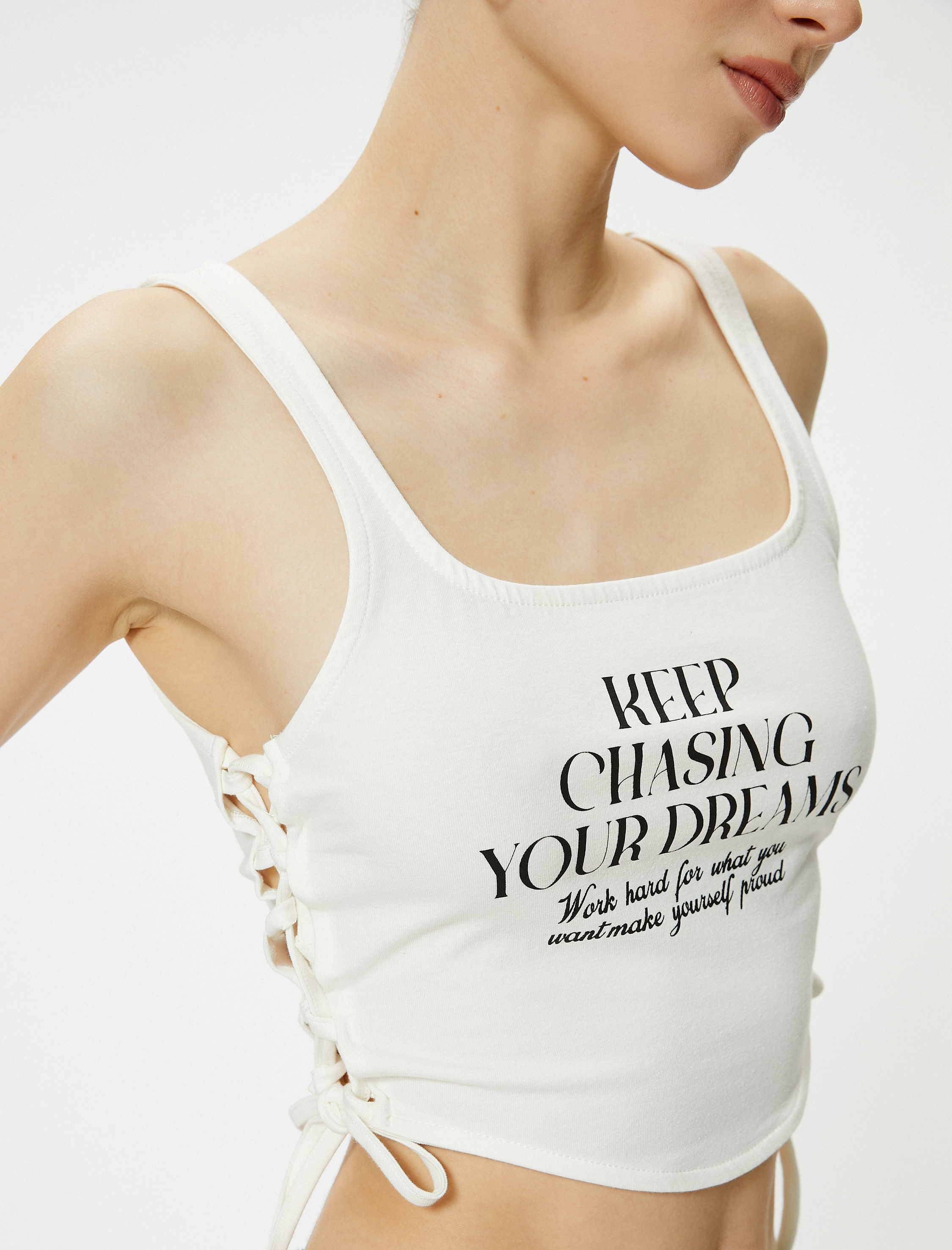   Crop Atlet Yanları Bağlamalı Baskılı U Yaka Pamuklu