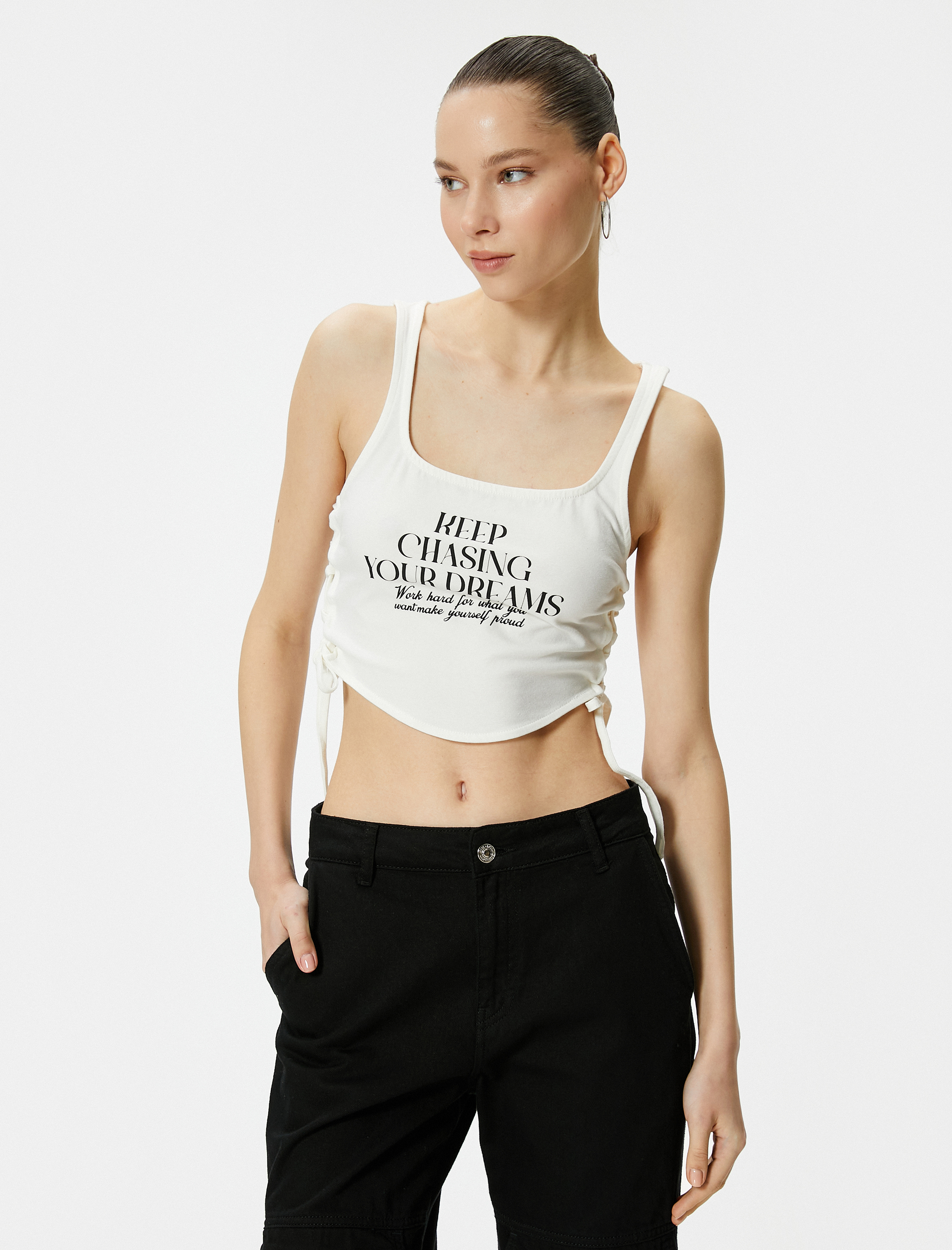   Crop Atlet Yanları Bağlamalı Baskılı U Yaka Pamuklu