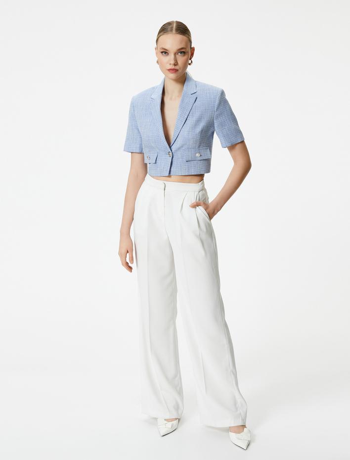  Crop Blazer Ceket Kısa Kollu Kapaklı Cepli