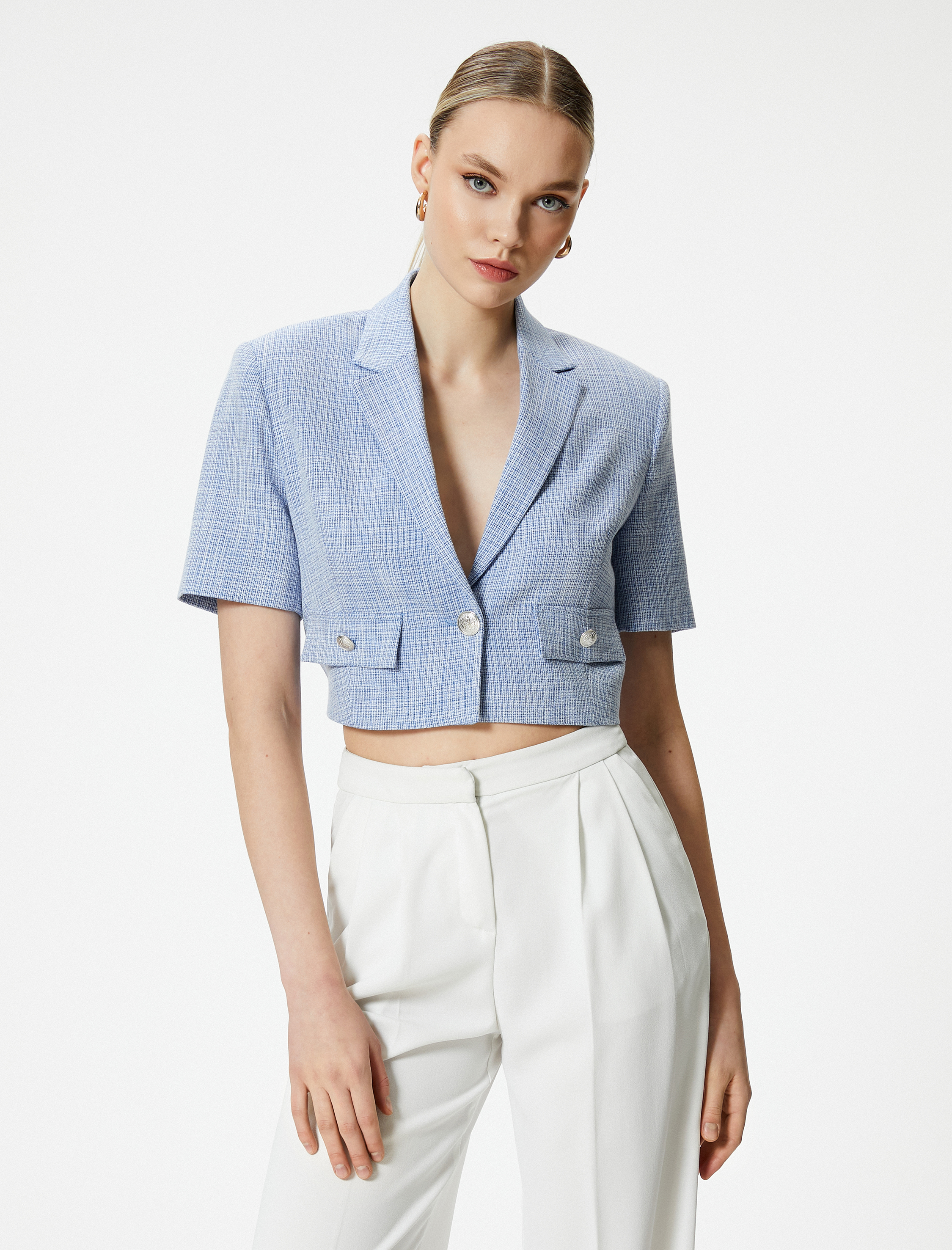   Crop Blazer Ceket Kısa Kollu Kapaklı Cepli
