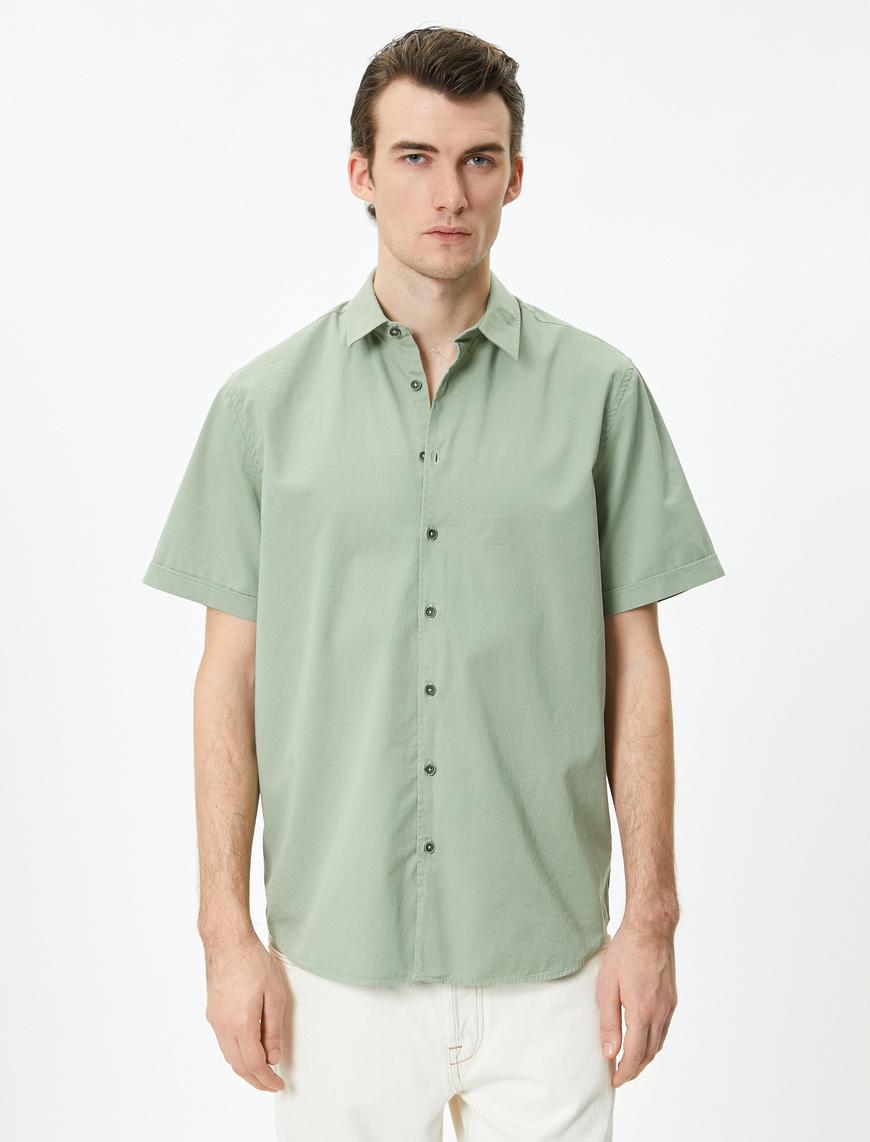   Yazlık Gömlek Klasik Yaka Düğmeli Kıvırmalı Kol Detaylı