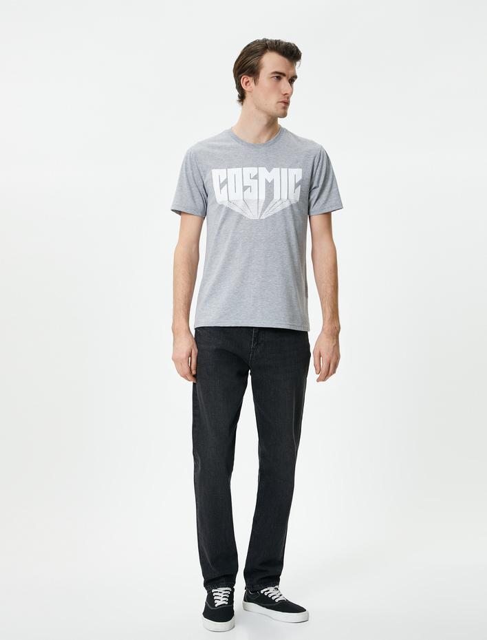  Slogan Baskılı Tişört Slim Fit Bisiklet Yaka Kısa Kollu