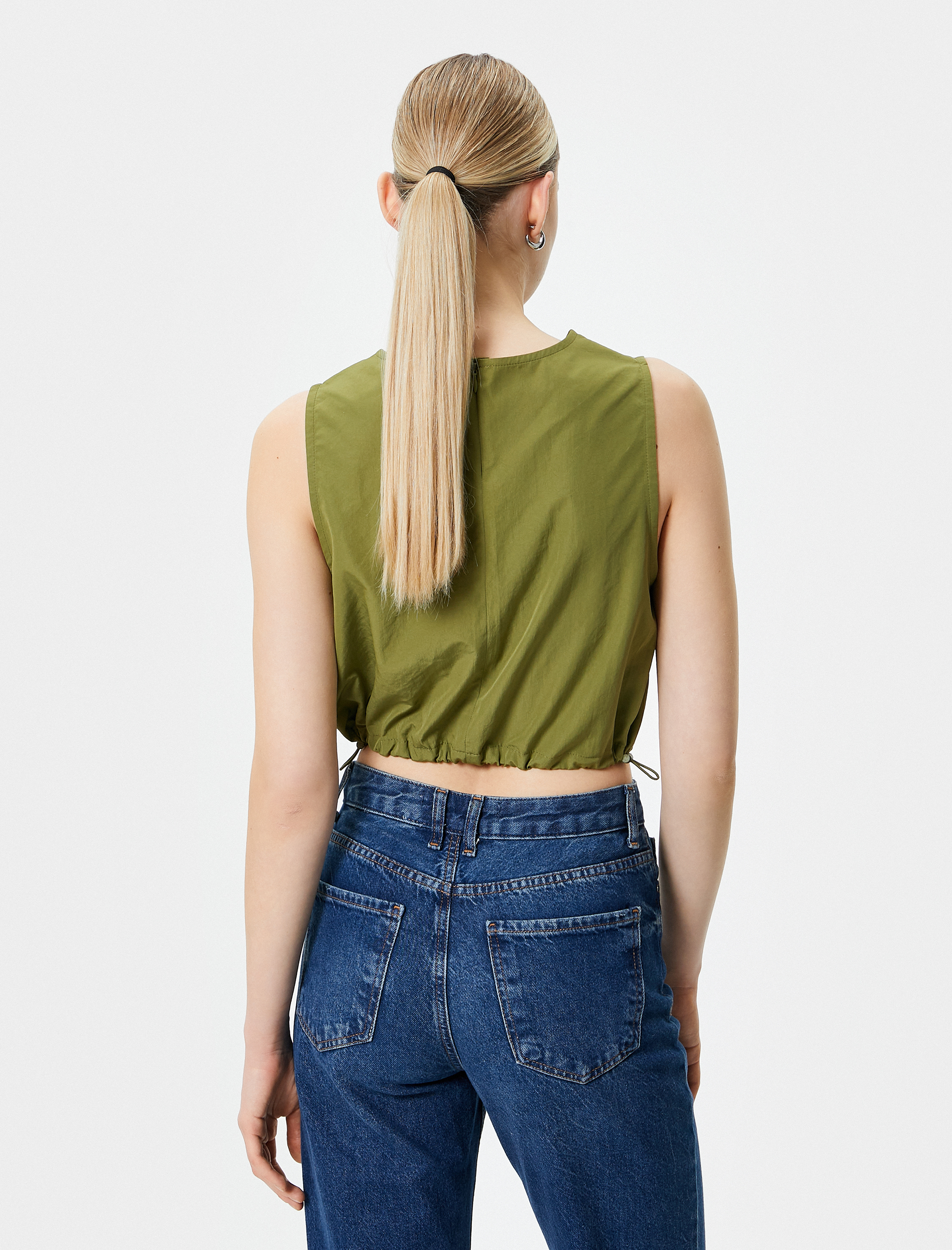   Crop Üst Paraşüt Kumaş Kolsuz Beli Lastikli