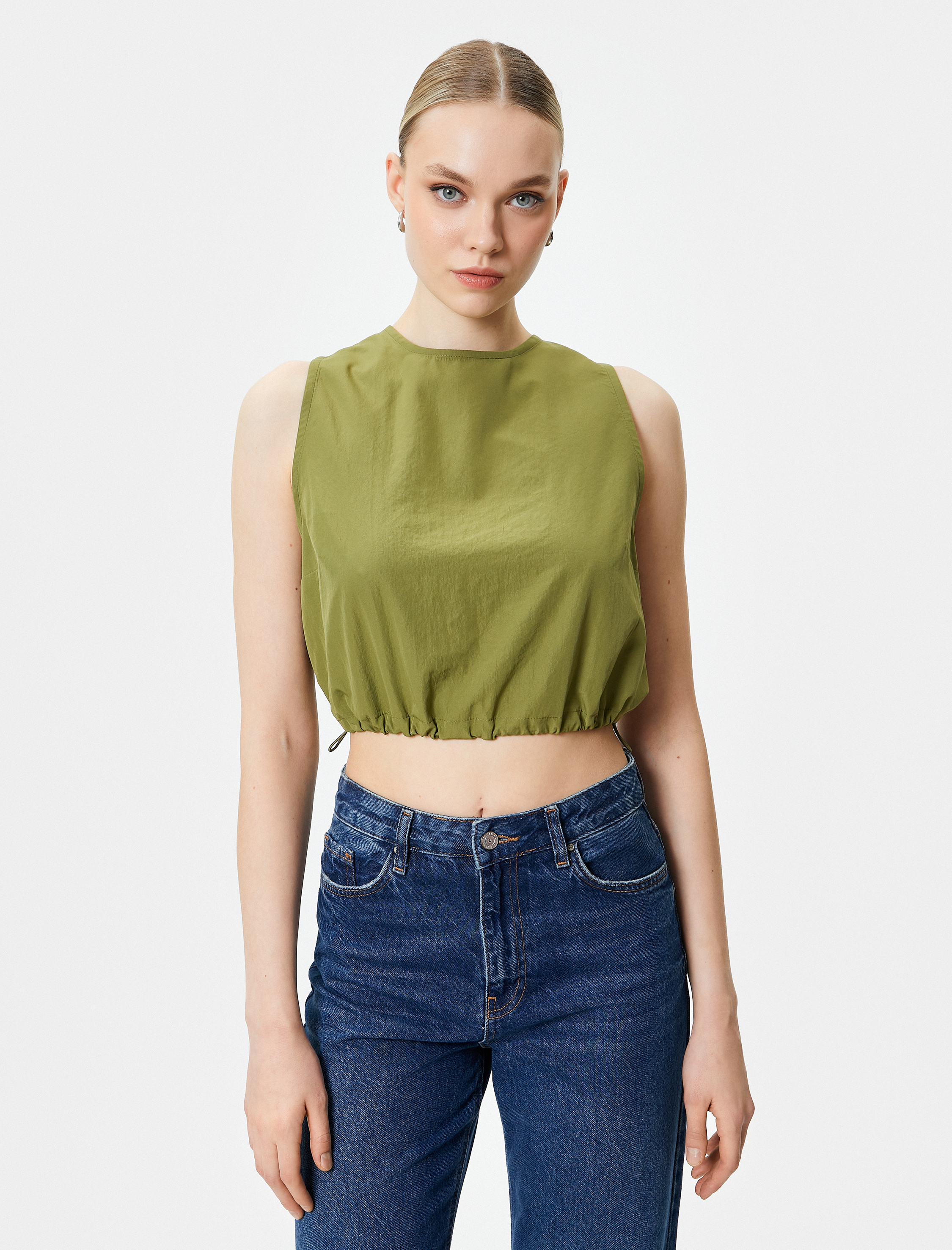   Crop Üst Paraşüt Kumaş Kolsuz Beli Lastikli