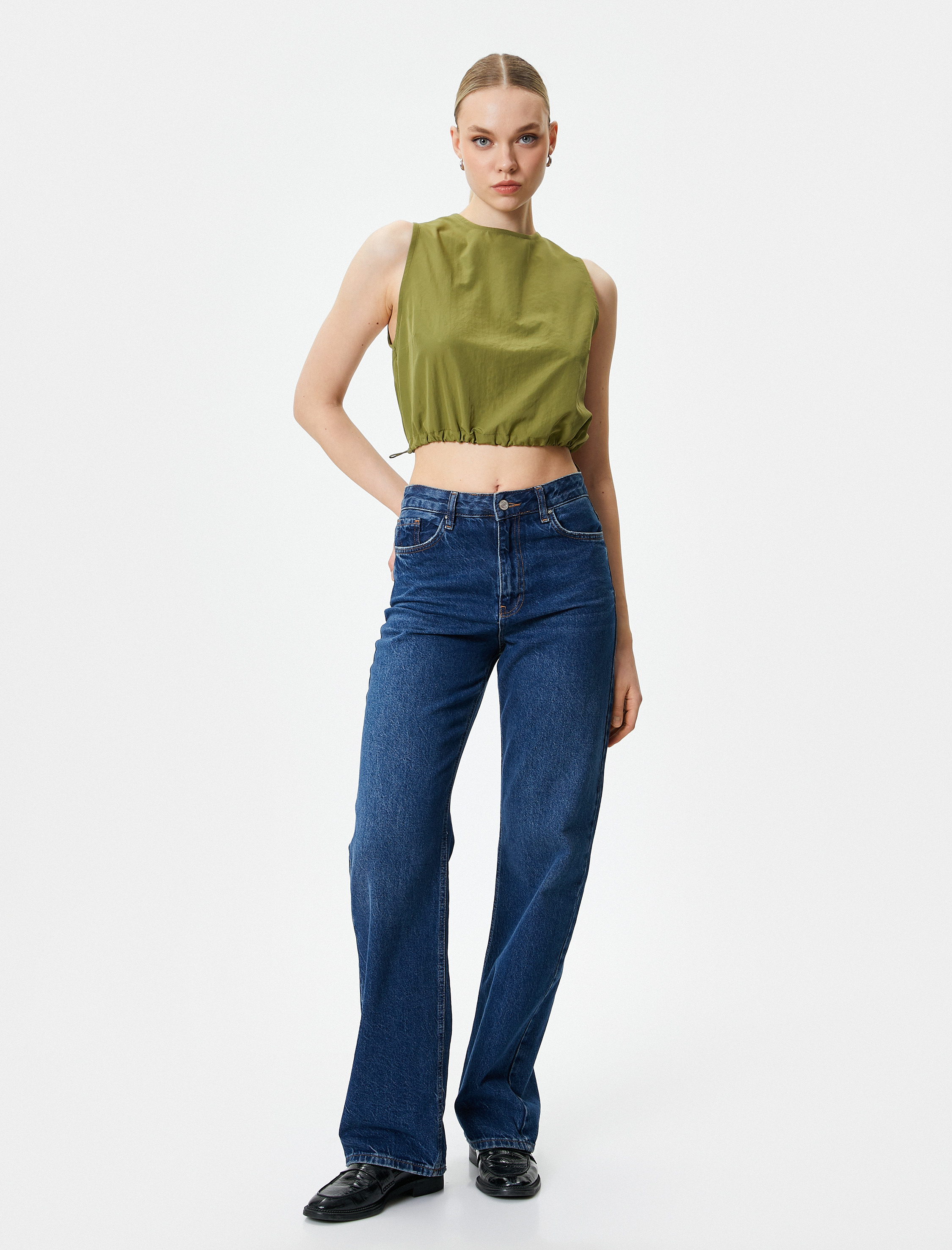   Crop Üst Paraşüt Kumaş Kolsuz Beli Lastikli