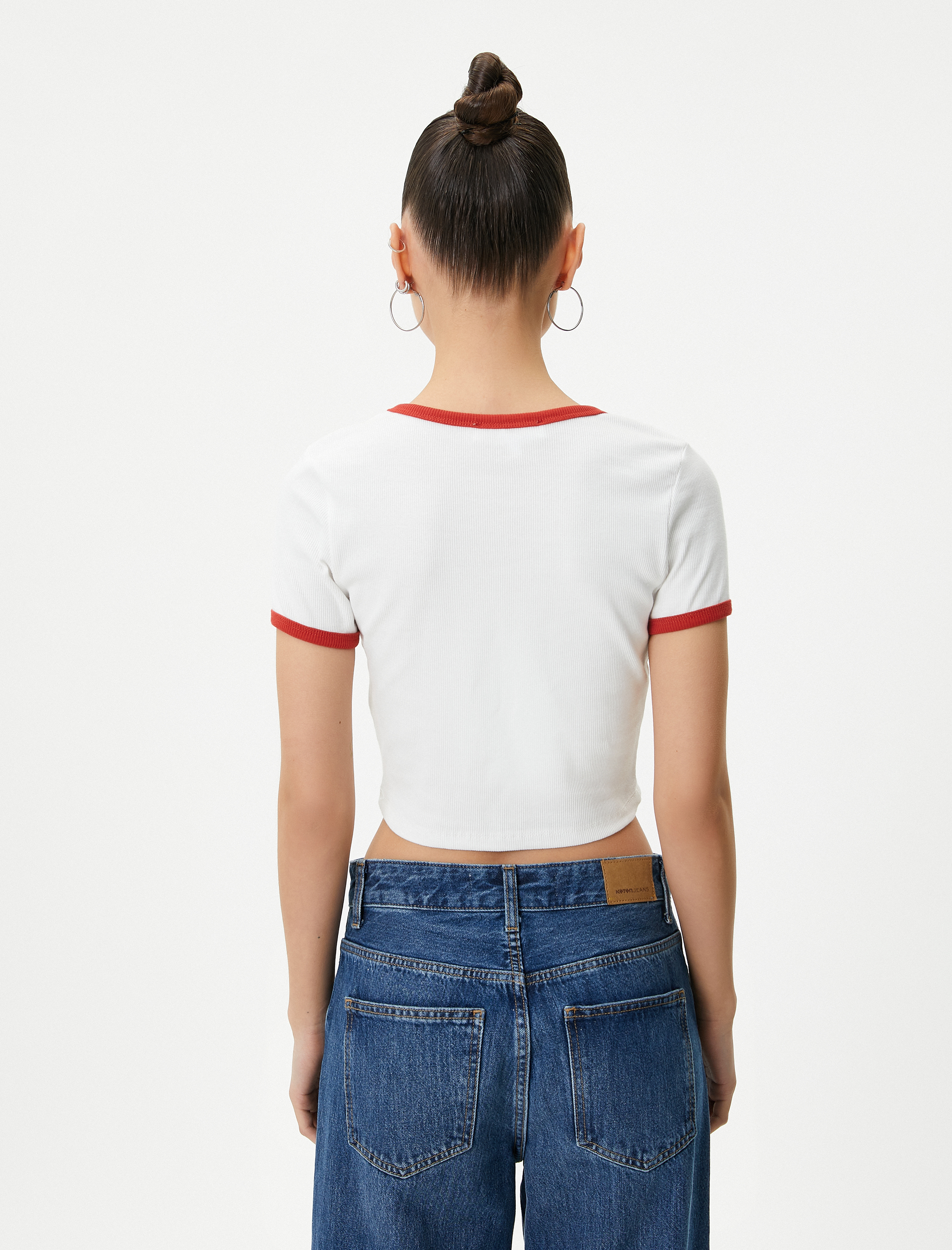   Kolej Crop Tişört Slim Fit Biyeli Kısa Kollu Bisiklet Yaka Pamuklu