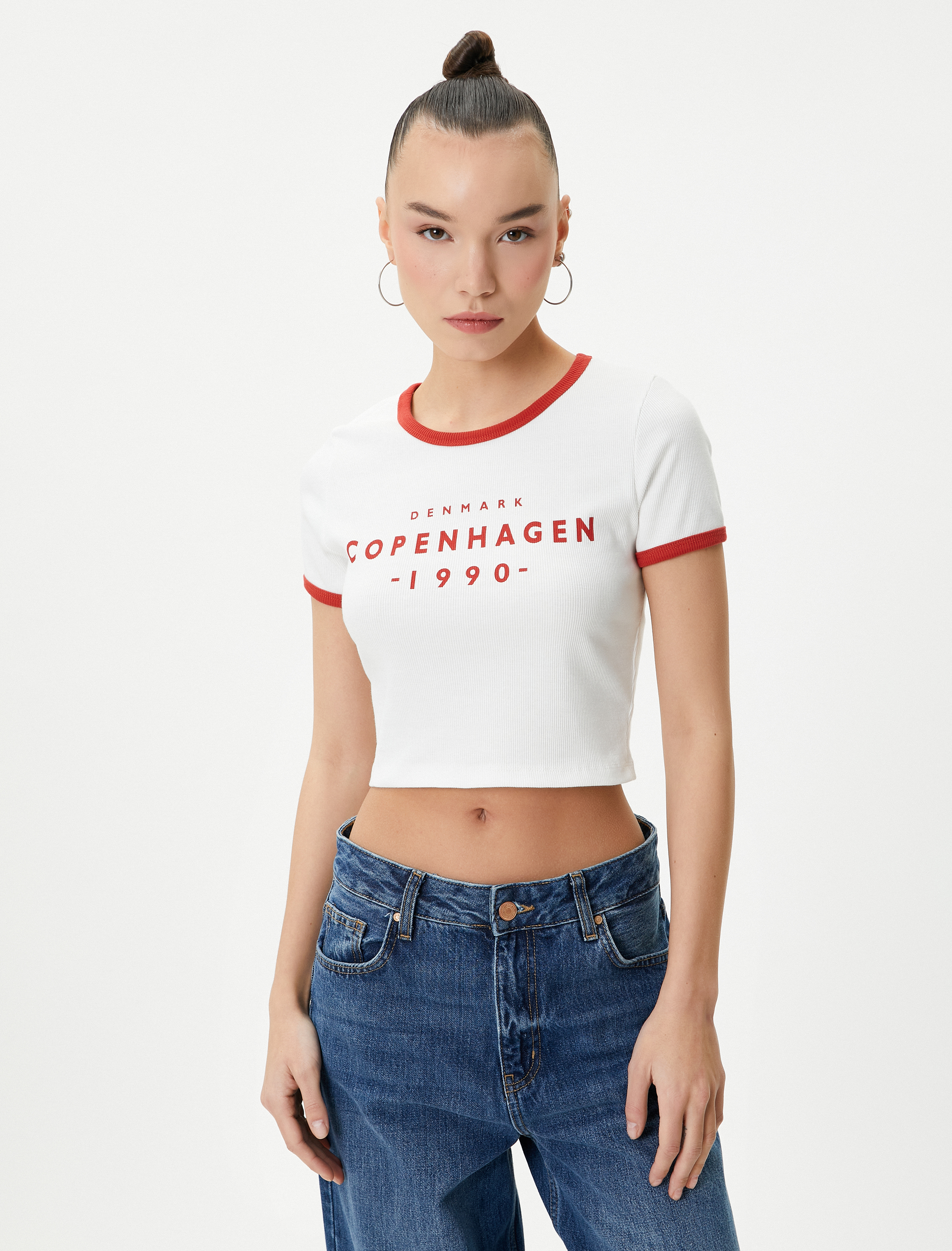   Kolej Crop Tişört Slim Fit Biyeli Kısa Kollu Bisiklet Yaka Pamuklu