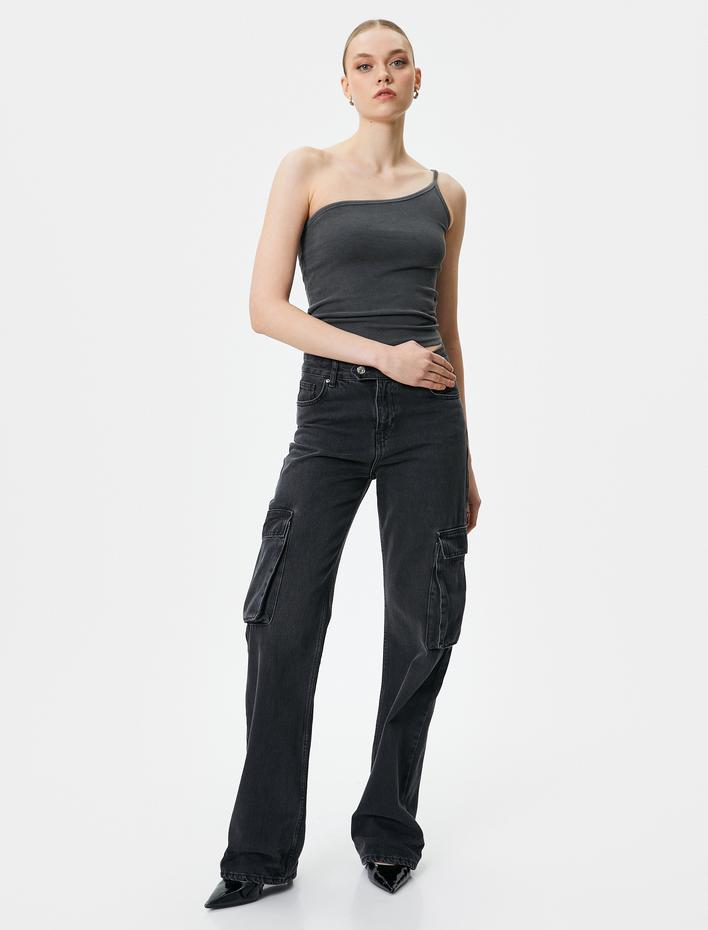  Tek Omuz Atlet Slim Fit Soluk Efektli Kolsuz