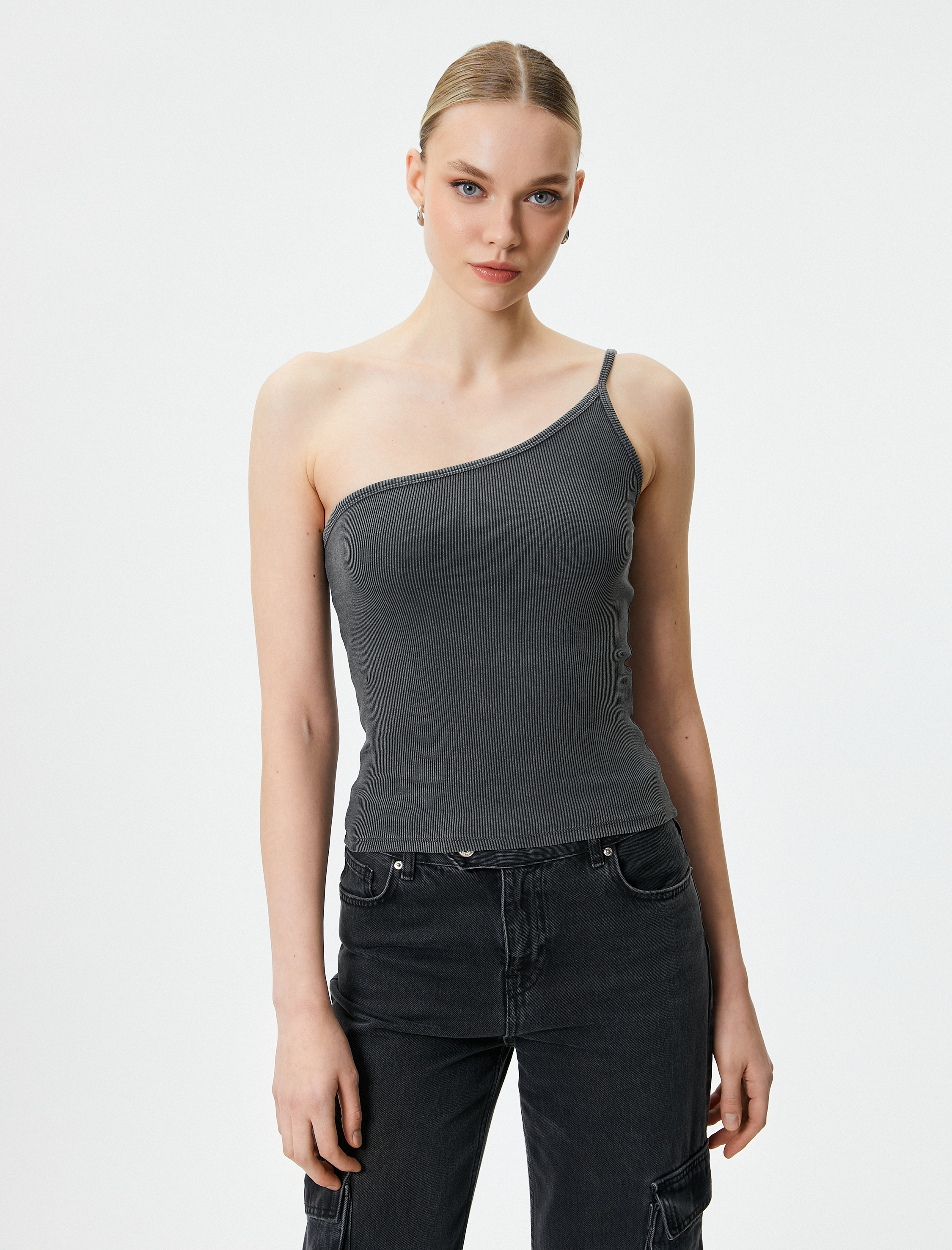   Tek Omuz Atlet Slim Fit Soluk Efektli Kolsuz