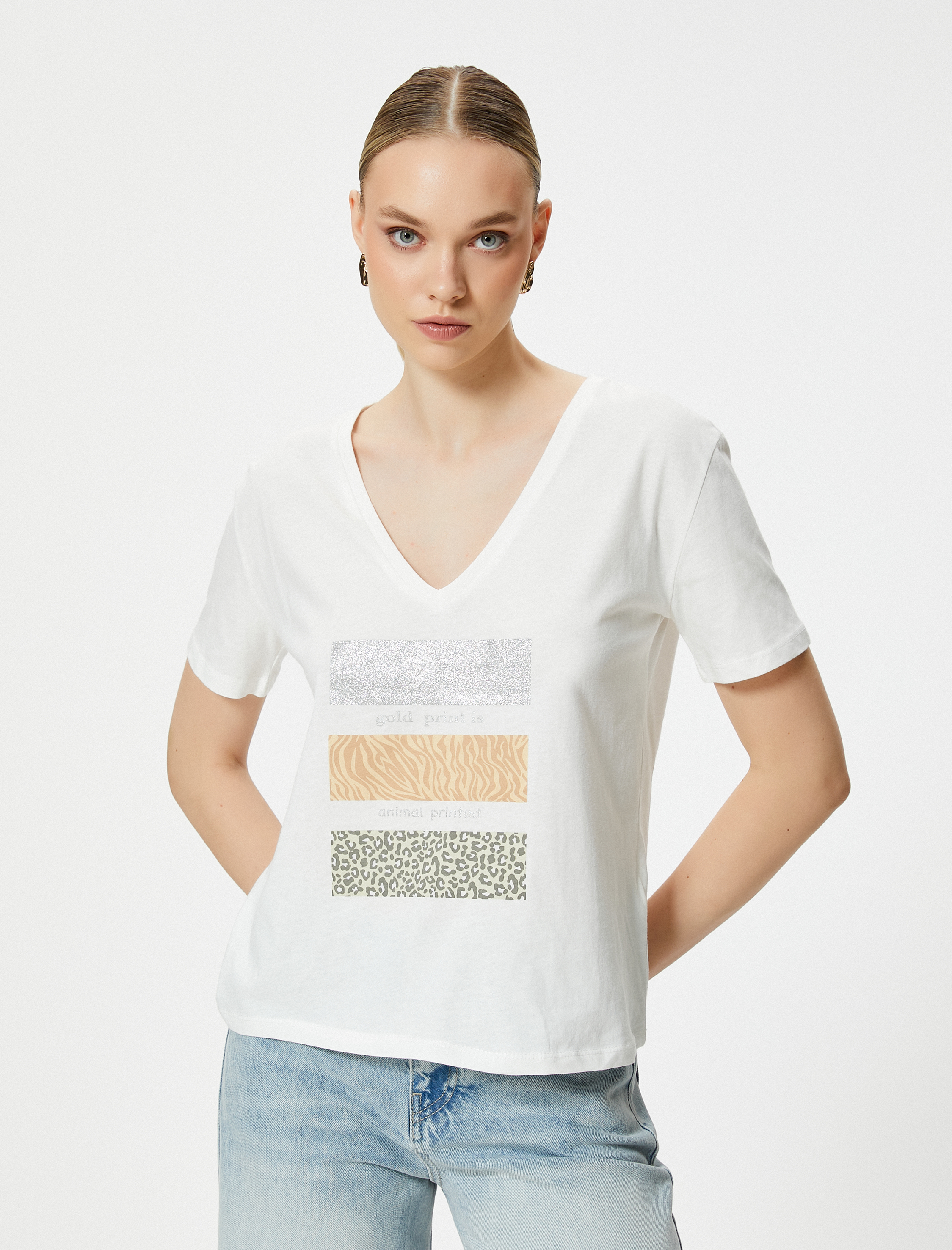   Baskılı Tişört Kısa Kollu V Yaka Pamuklu