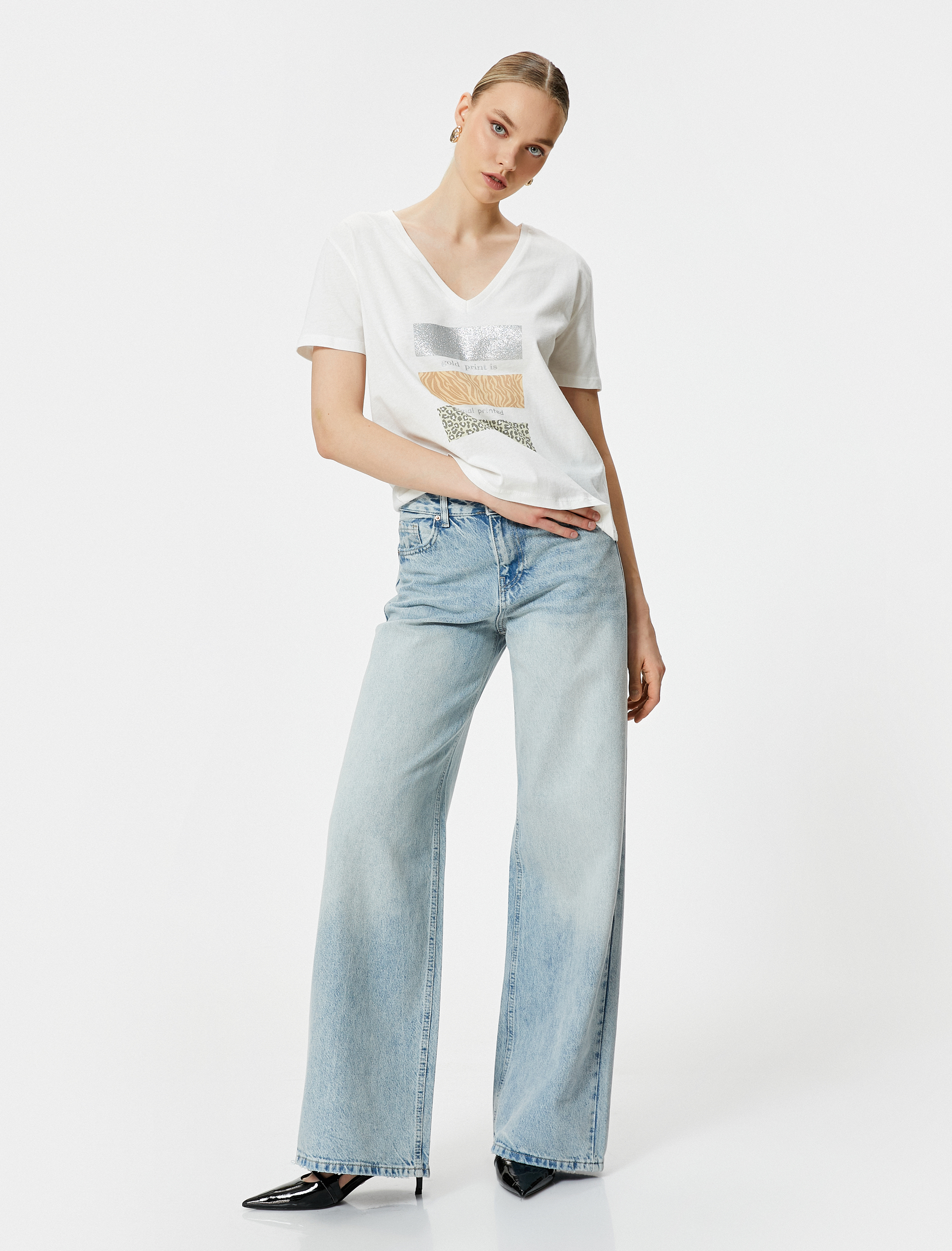   Baskılı Tişört Kısa Kollu V Yaka Pamuklu