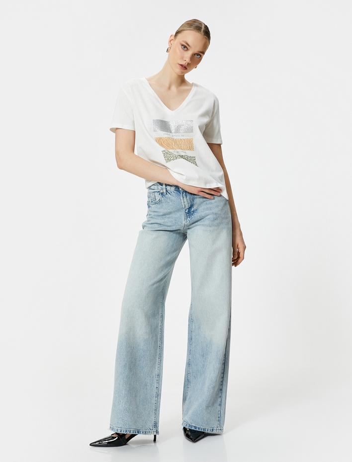  Baskılı Tişört Kısa Kollu V Yaka Pamuklu