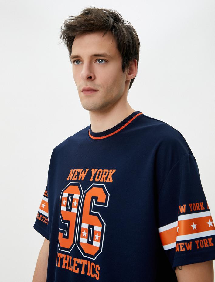  Tişört Spor Baskılı Renk Bloklu Bisiklet Yaka