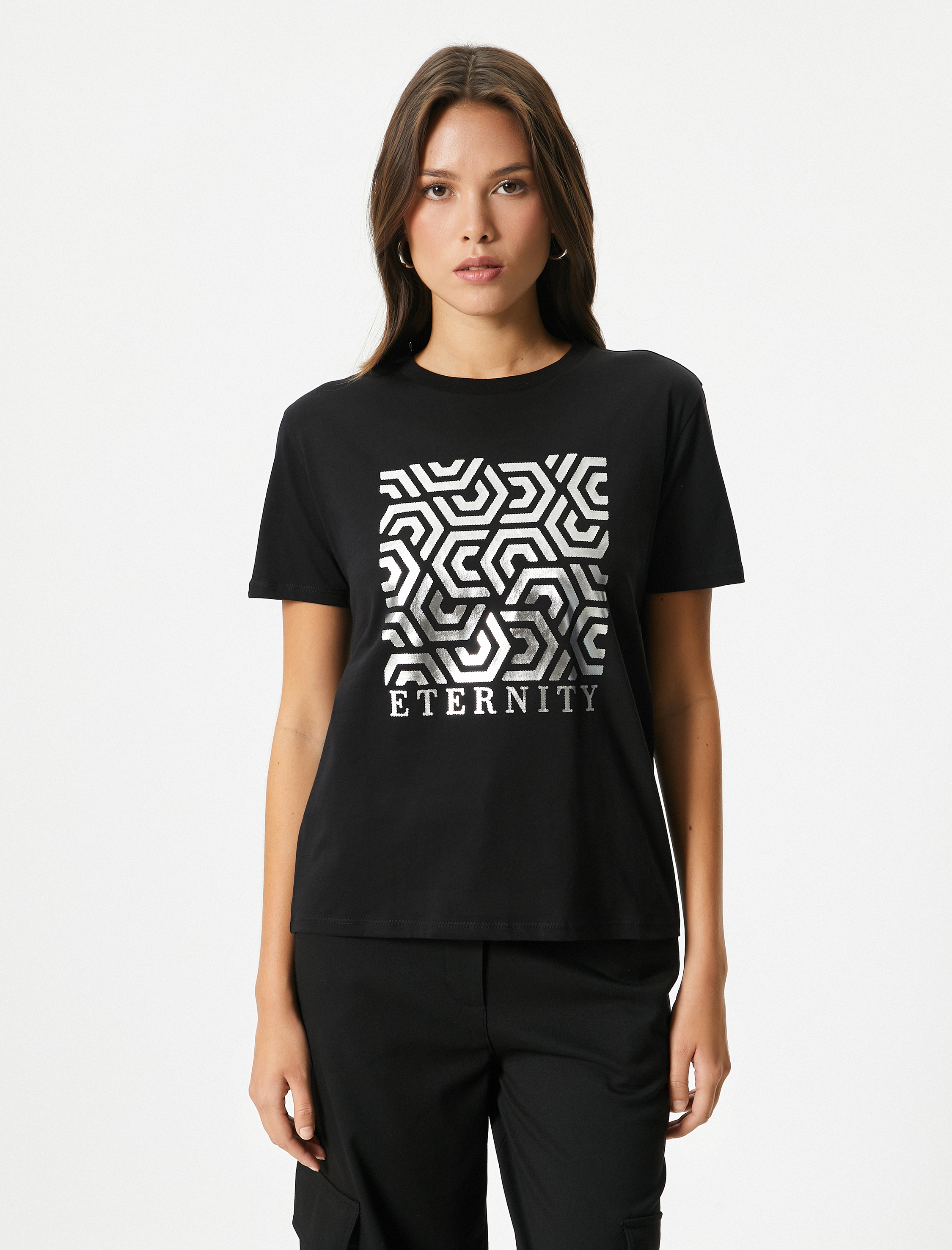   Baskılı Tişört Bisiklet Yaka Kısa Kollu Pamuklu