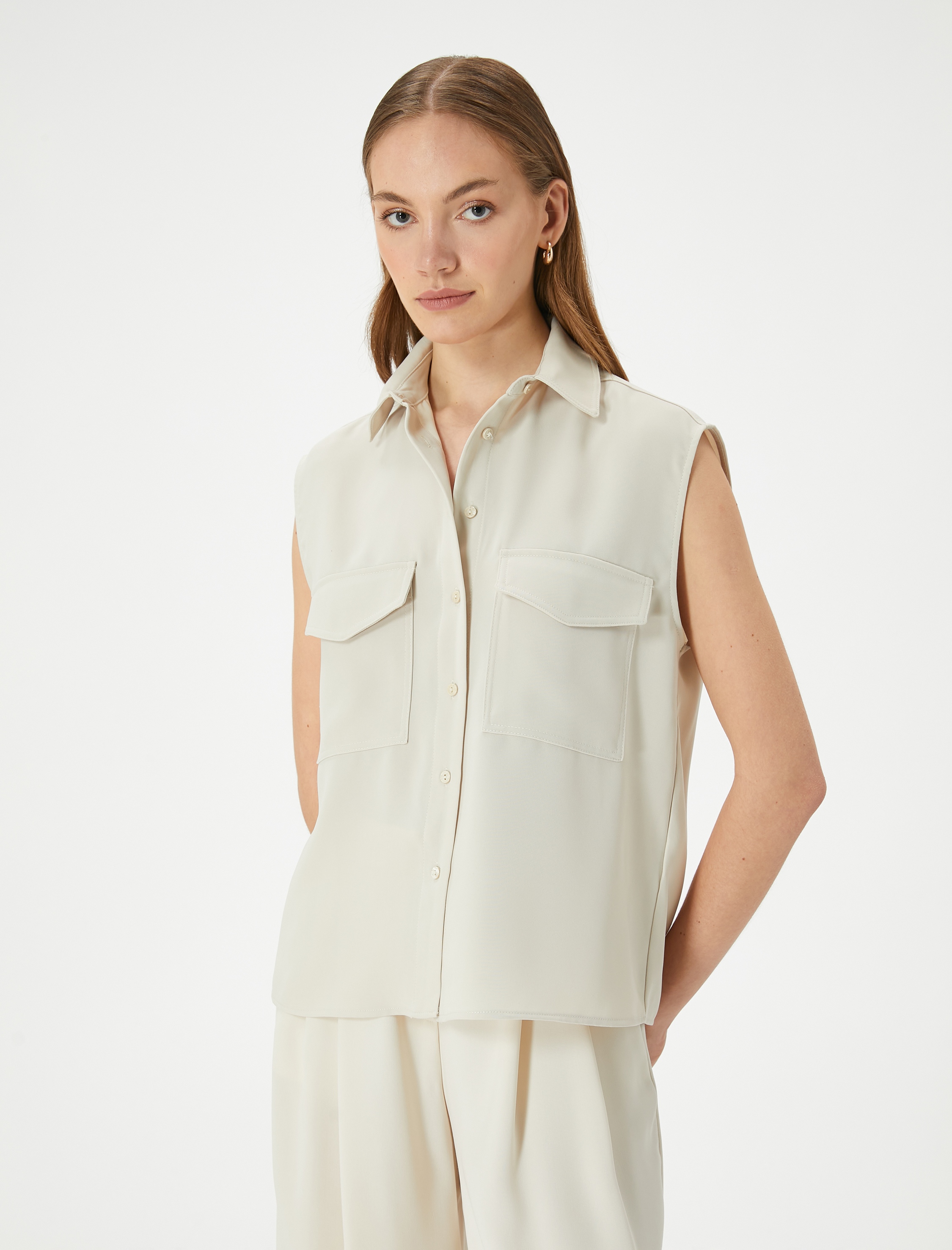   Cepli Gömlek Düğmeli Kolsuz Klasik Yaka