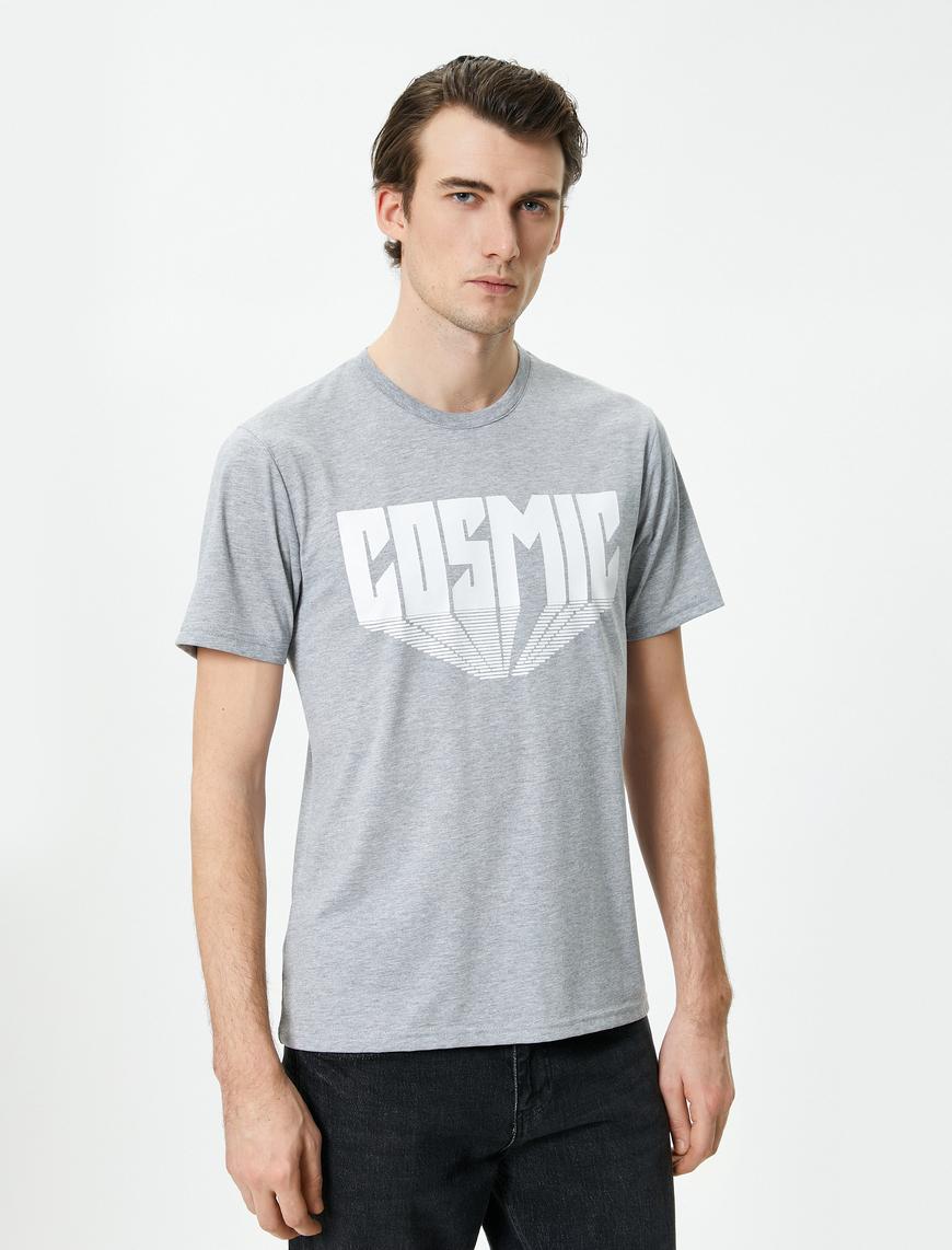   Slogan Baskılı Tişört Slim Fit Bisiklet Yaka Kısa Kollu