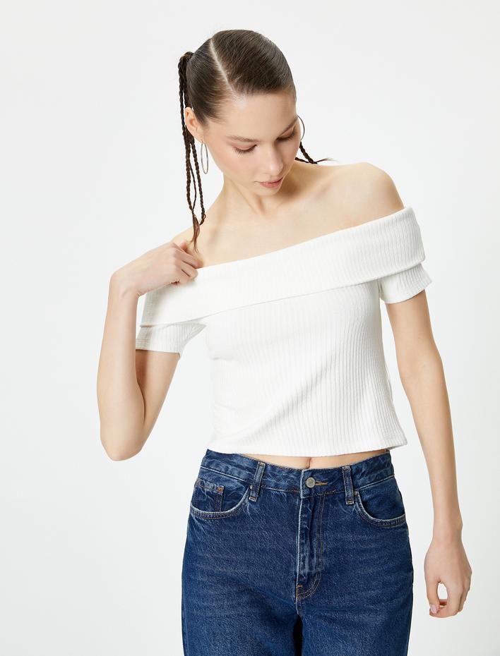  Madonna Yaka Tişört Crop Omzu Açık Ribanalı Kısa Kollu Slim Fit