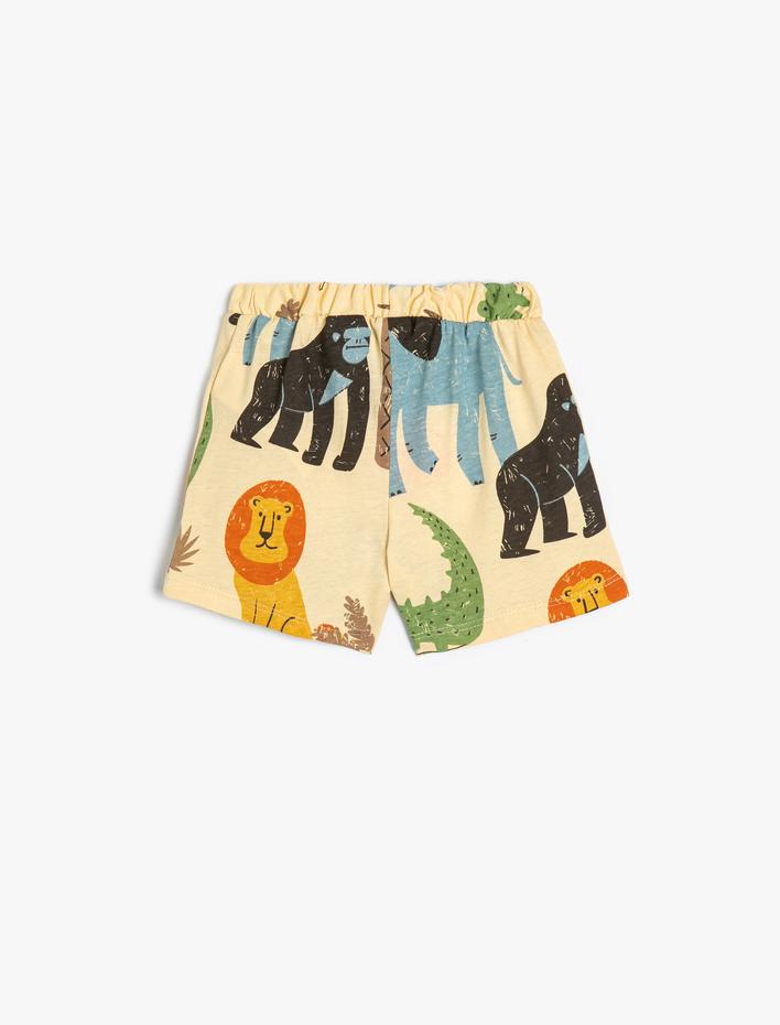 Erkek Bebek Şort Hayvanlar Baskılı Beli Lastikli Cepli Pamuklu