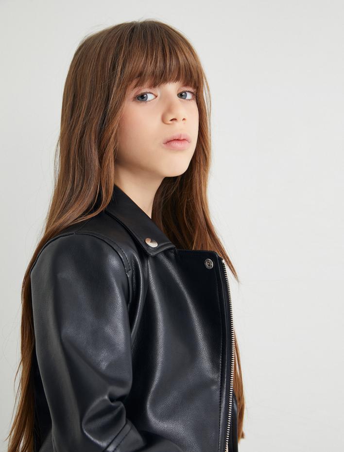 Kız Çocuk Biker Ceket Deri Görünümlü Fermuar Detaylı